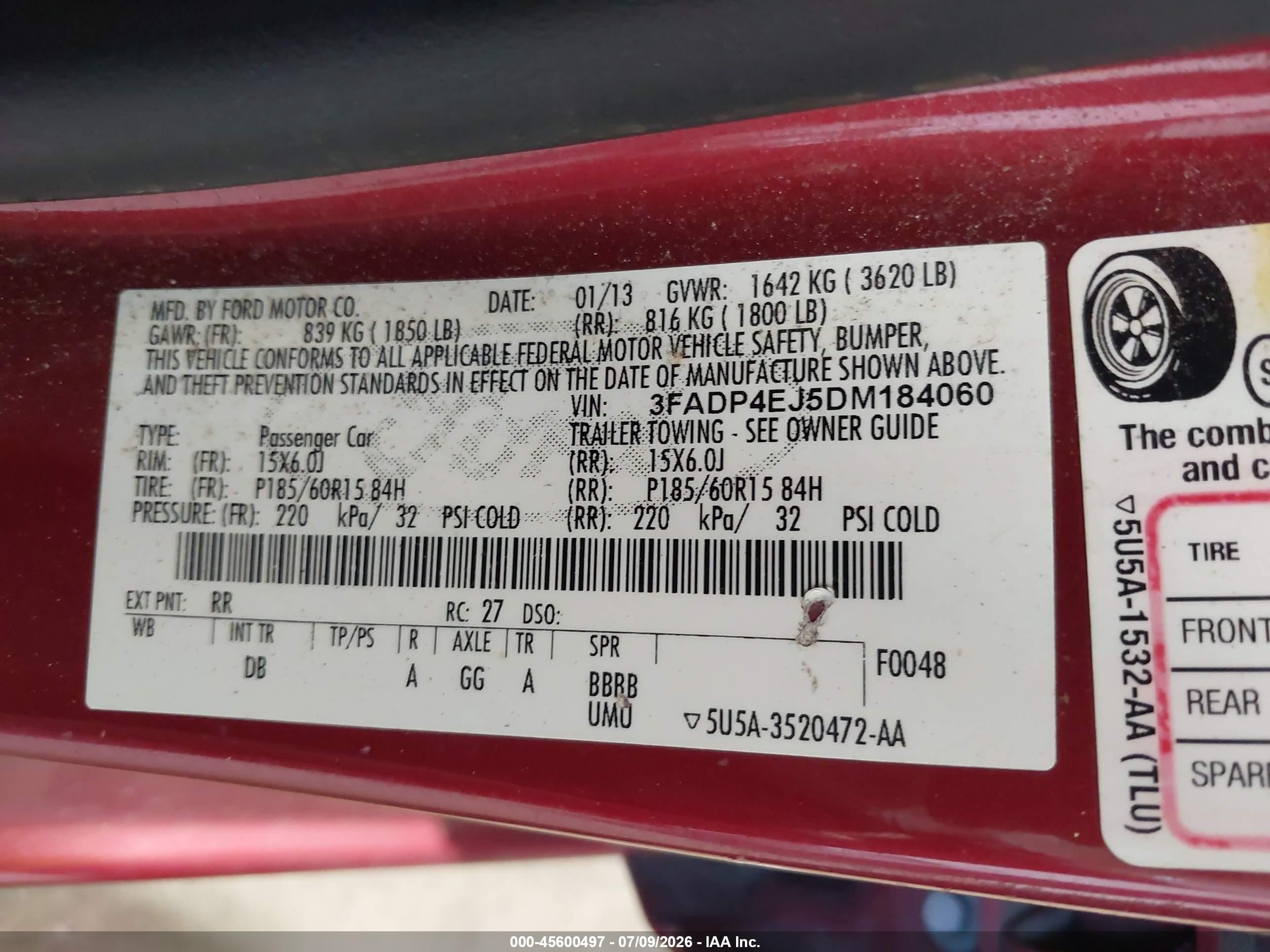 2013 Ford Fiesta Se Red vin: 3FADP4EJ5DM184060