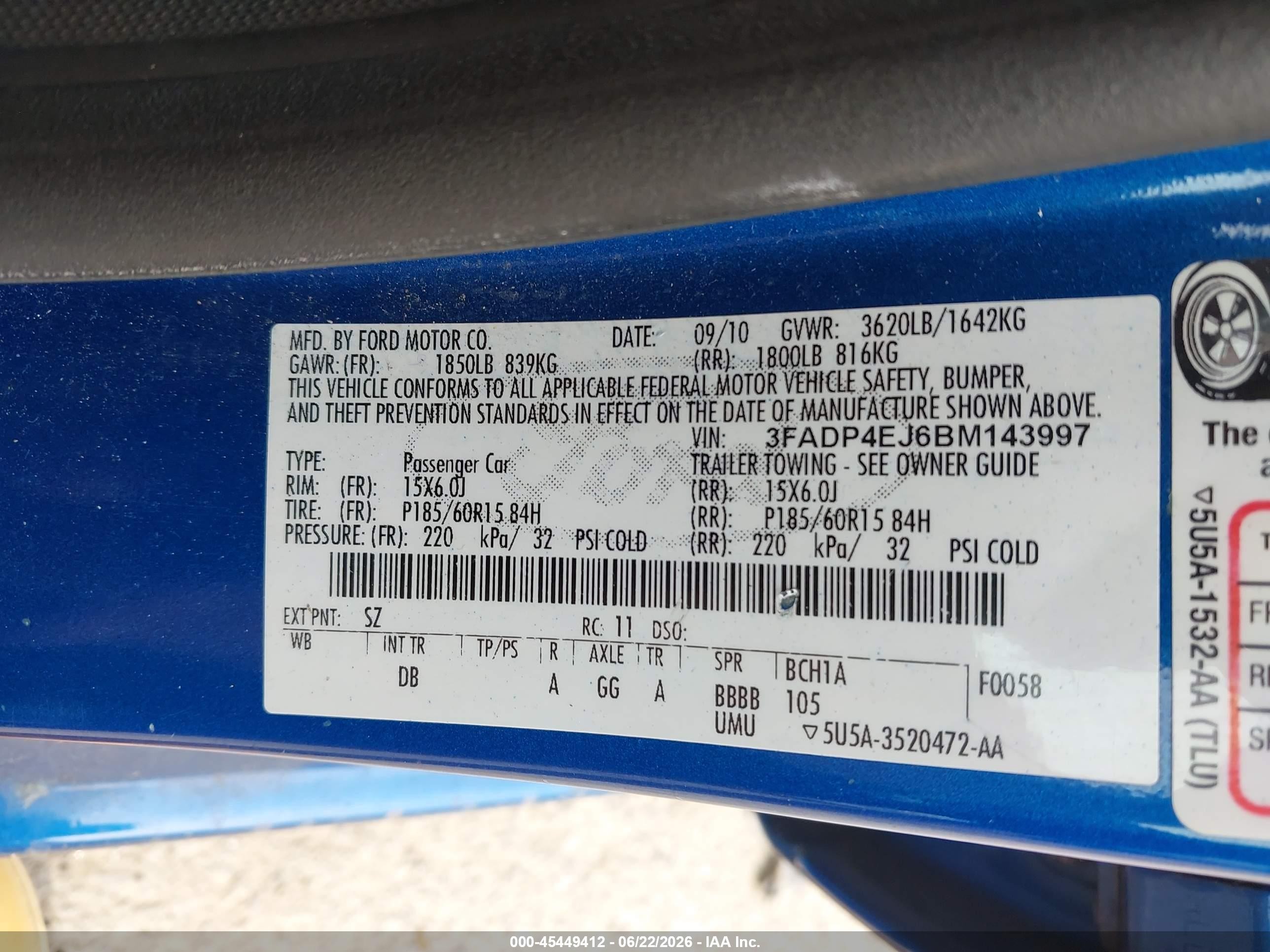 2011 Ford Fiesta Se Blue vin: 3FADP4EJ6BM143997