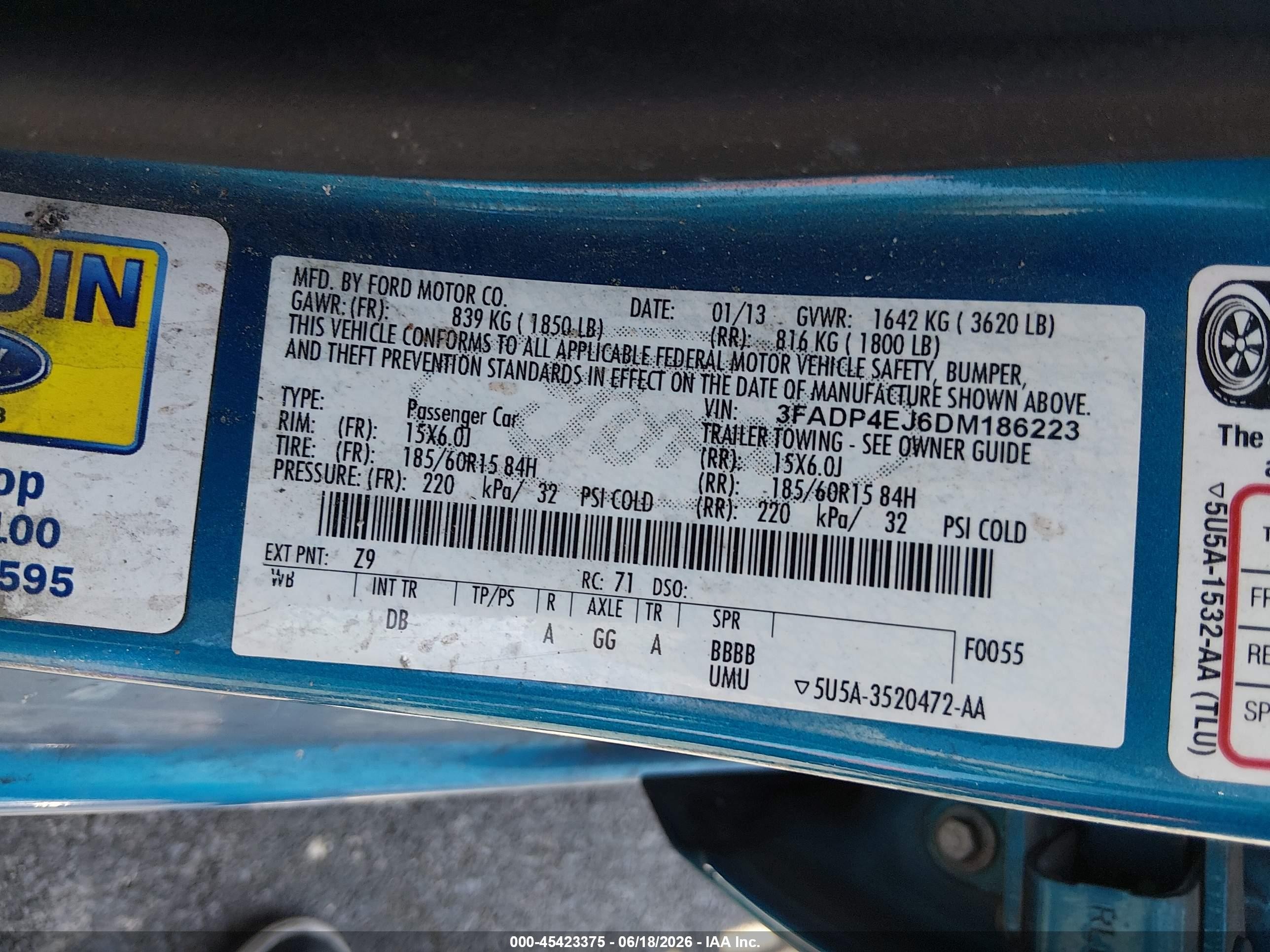 2013 Ford Fiesta Se Blue vin: 3FADP4EJ6DM186223
