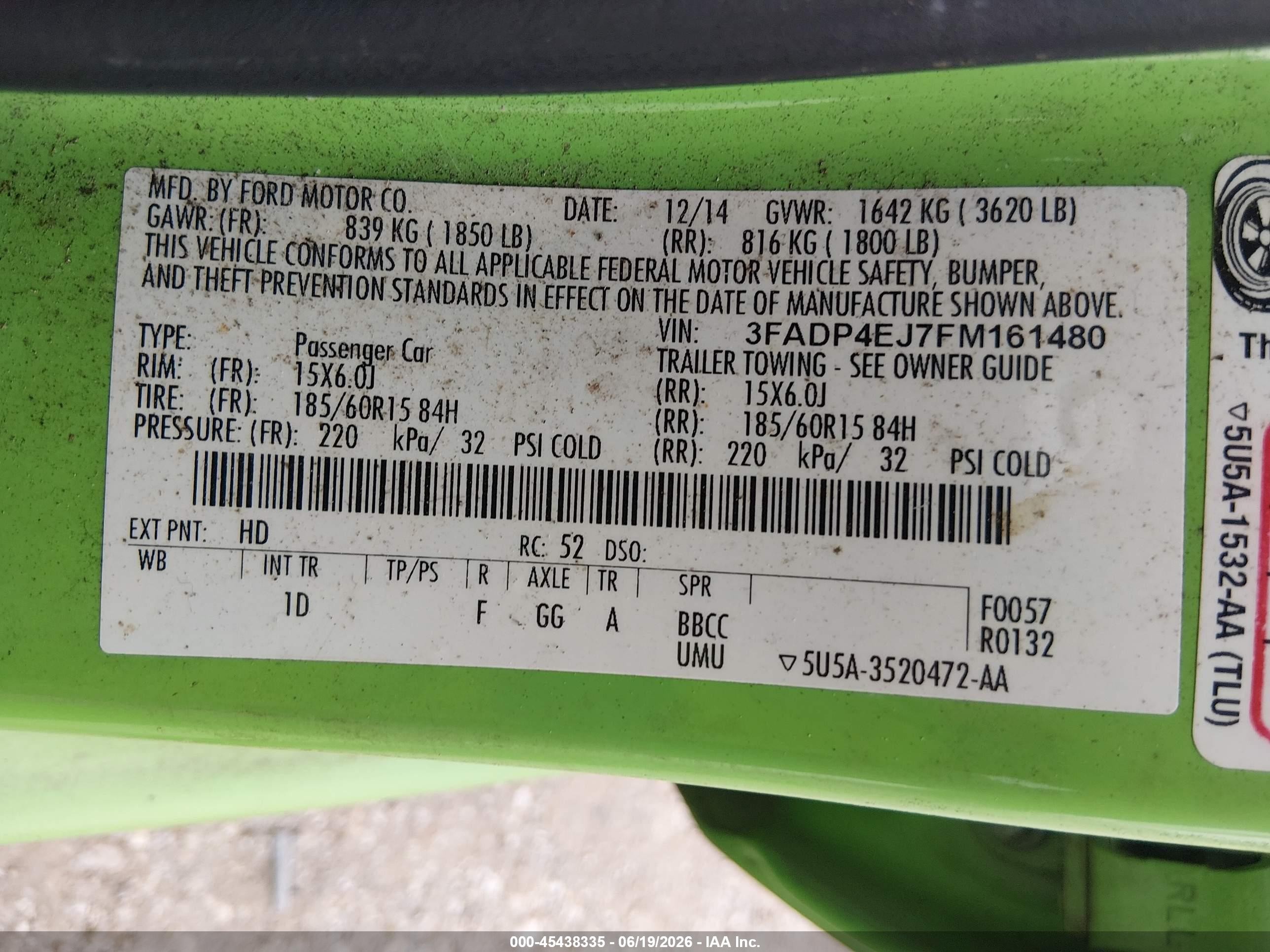 2015 Ford Fiesta Se Green vin: 3FADP4EJ7FM161480
