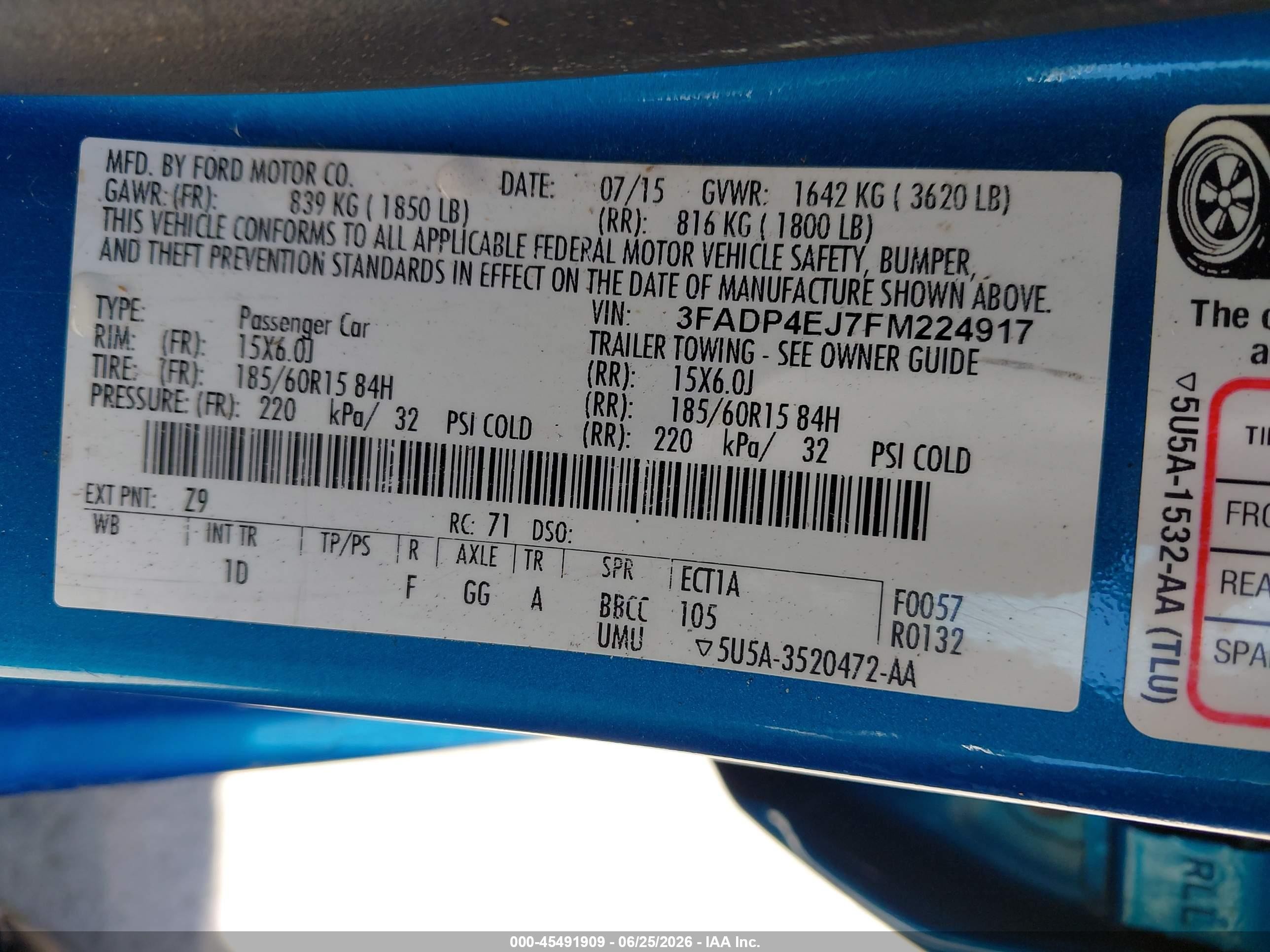 2015 Ford Fiesta Se Blue vin: 3FADP4EJ7FM224917