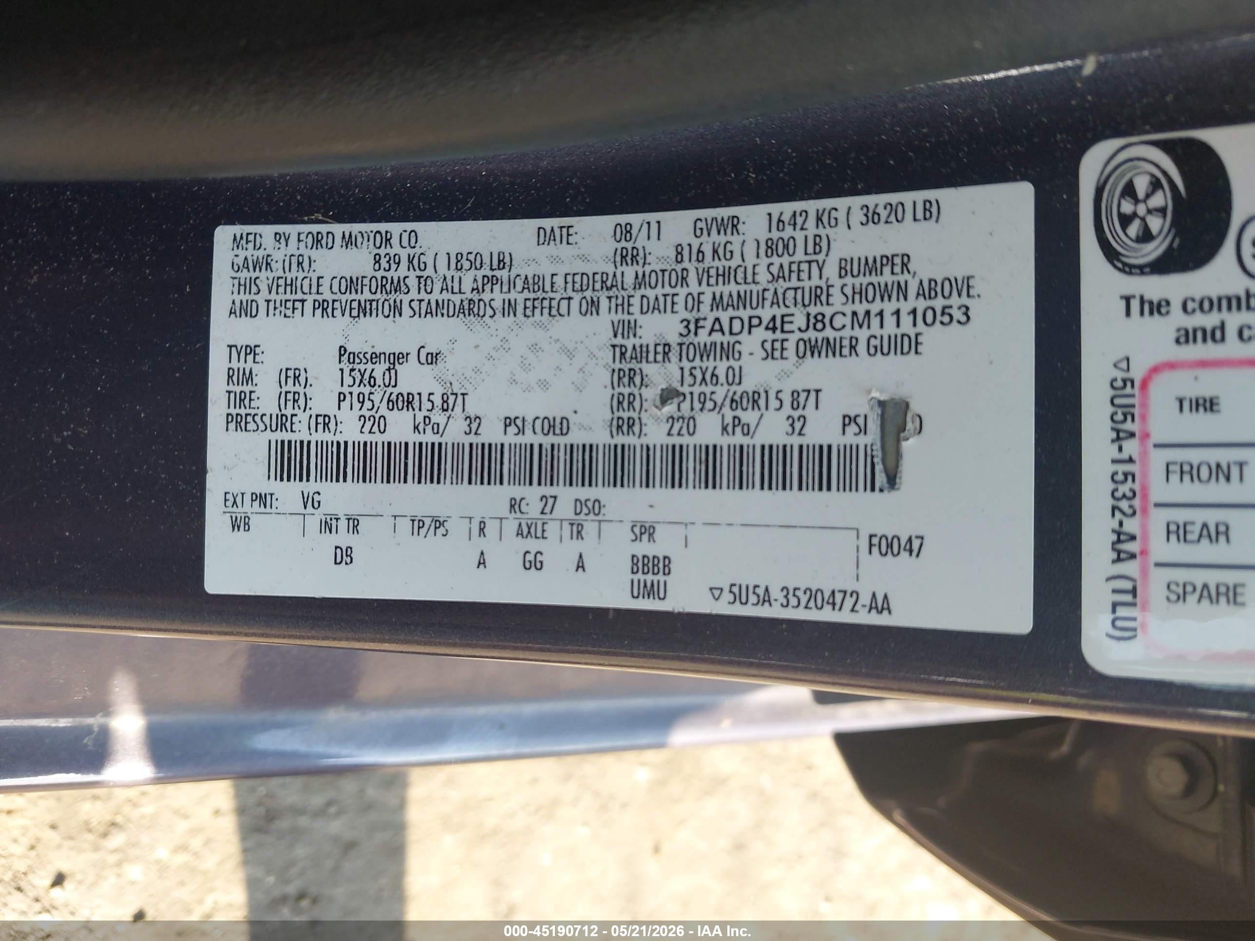 2012 Ford Fiesta Se Navy vin: 3FADP4EJ8CM111053