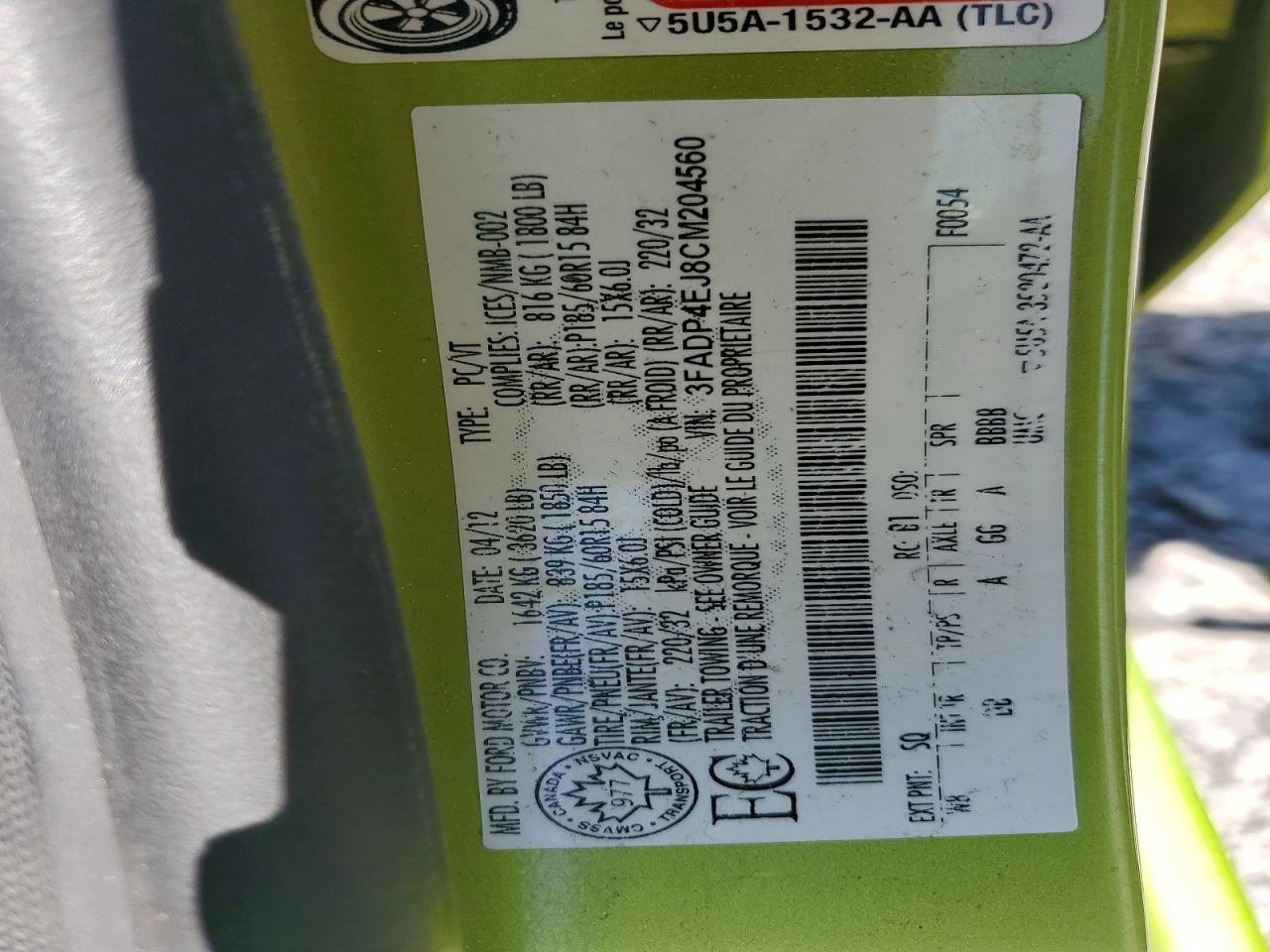 2012 Ford Fiesta Se Green vin: 3FADP4EJ8CM204560
