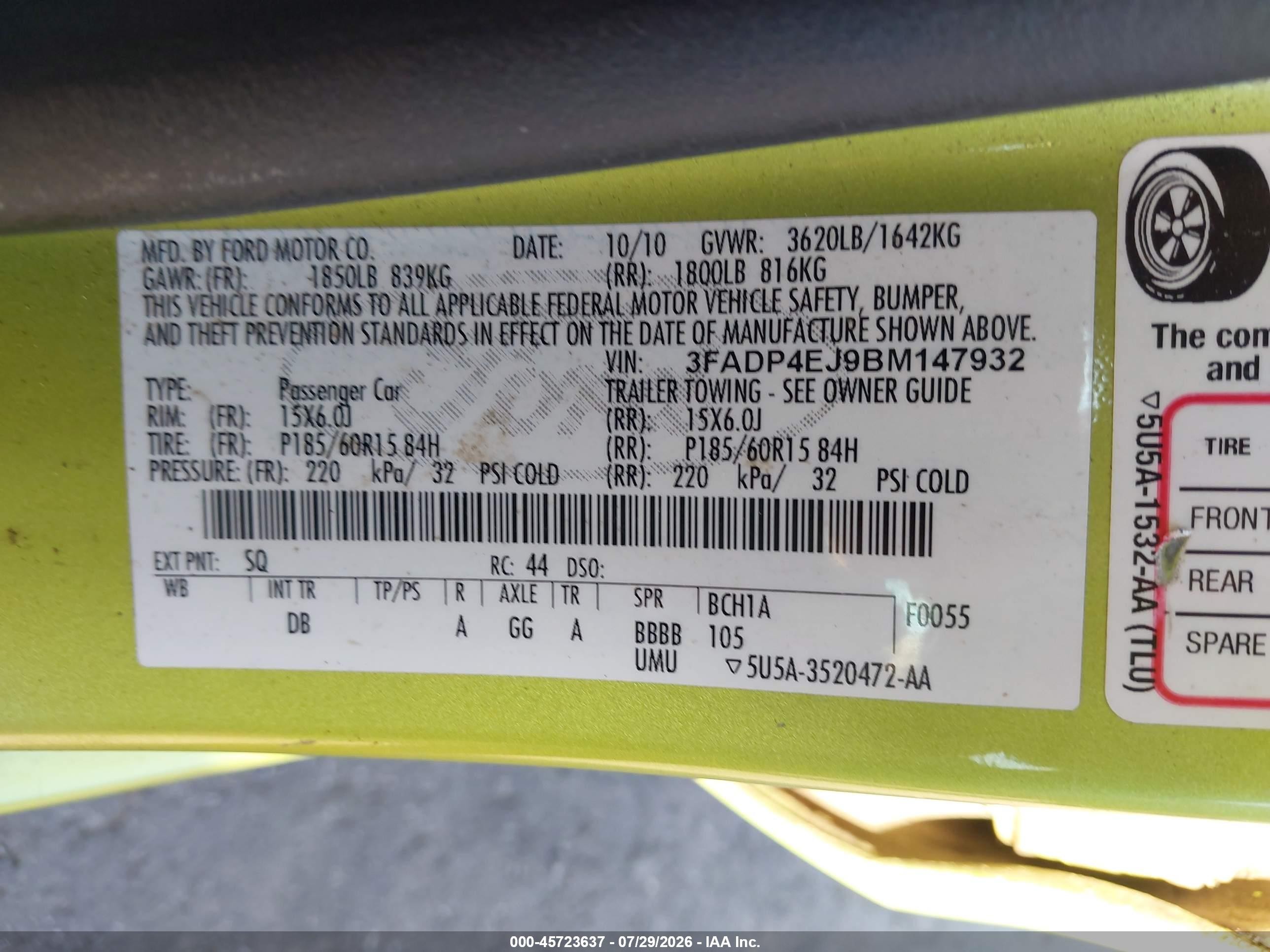 2011 Ford Fiesta Se Green vin: 3FADP4EJ9BM147932