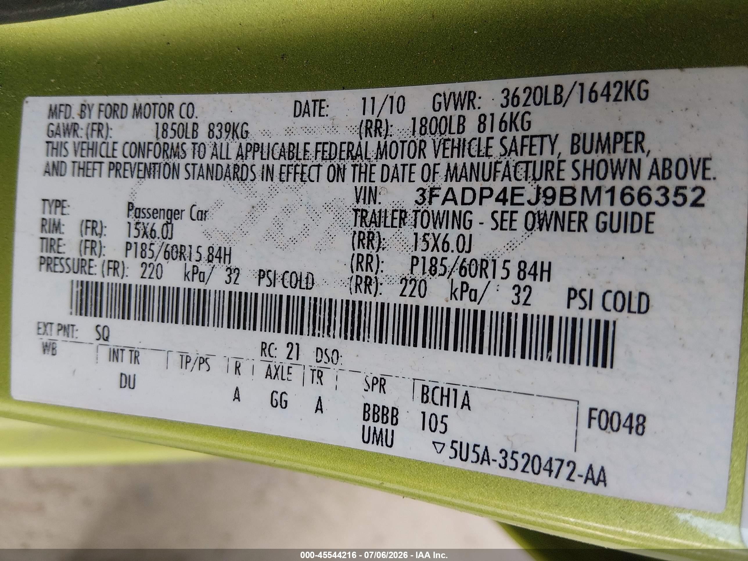 2011 Ford Fiesta Se Green vin: 3FADP4EJ9BM166352