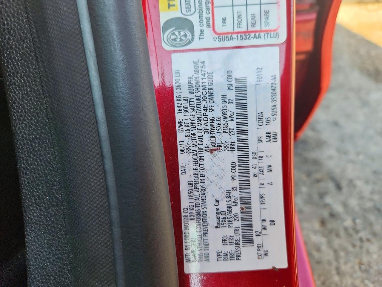 2012 Ford Fiesta Se Red vin: 3FADP4EJ9CM114754