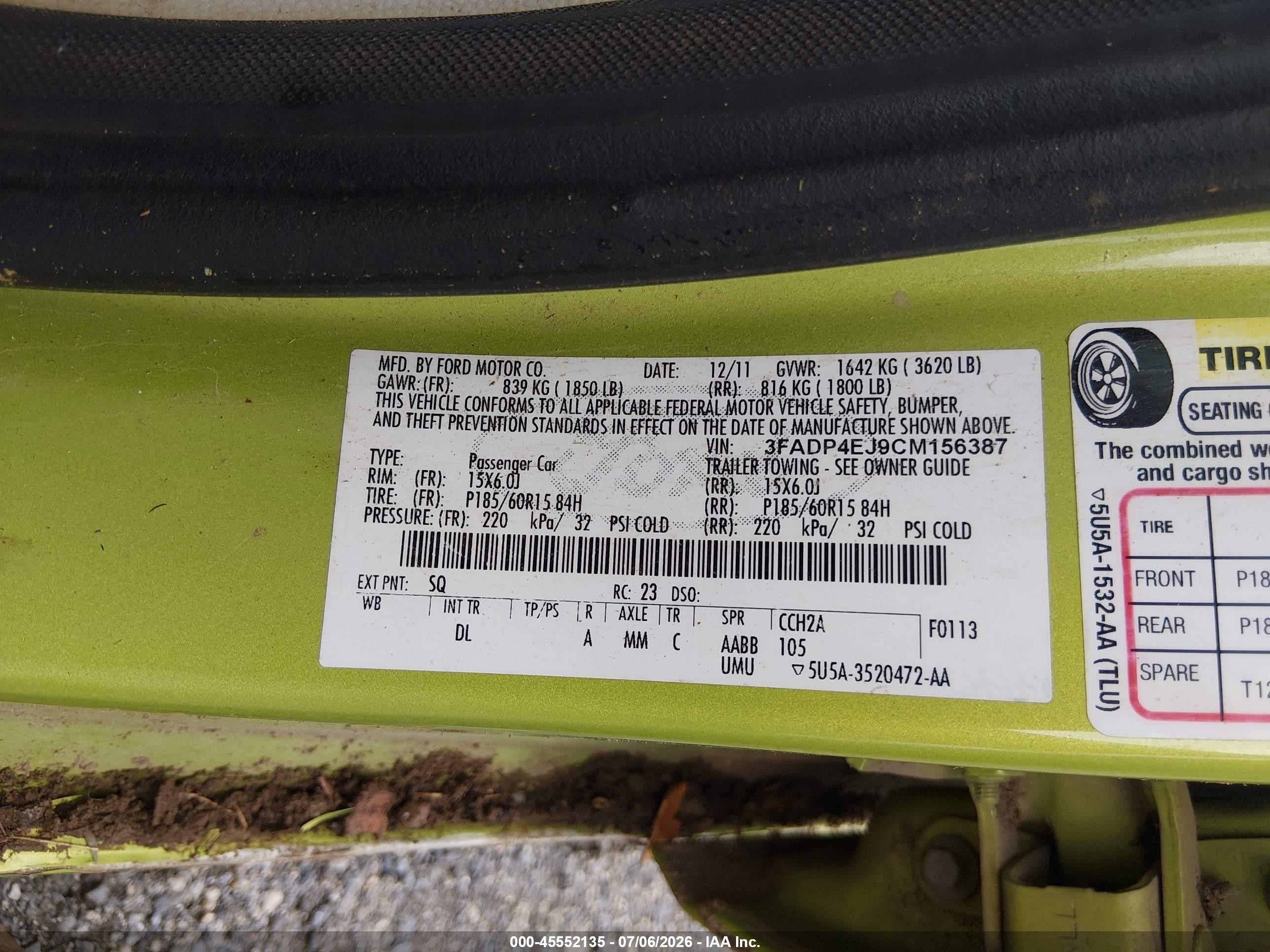2012 Ford Fiesta Se Green vin: 3FADP4EJ9CM156387