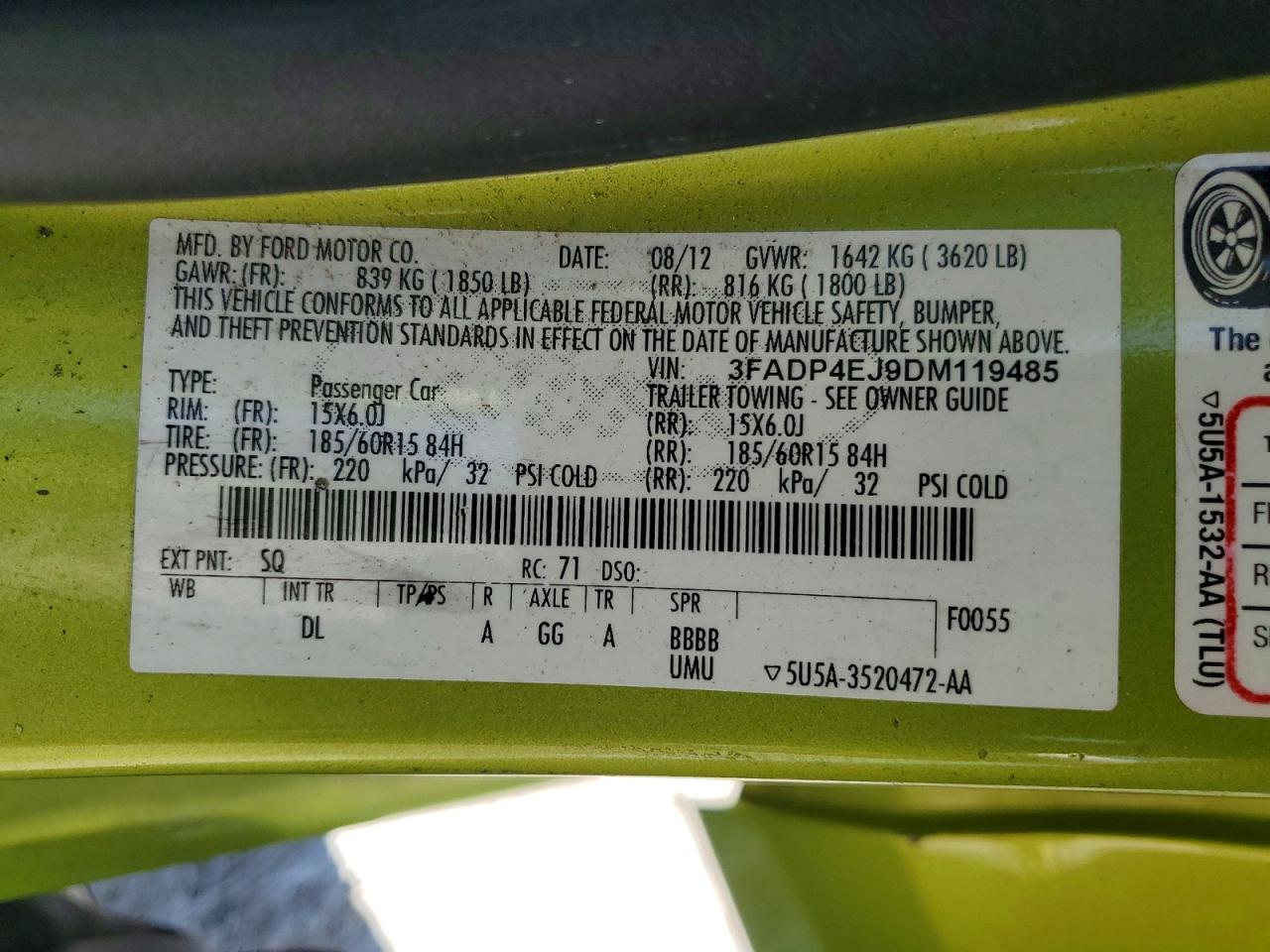 2013 Ford Fiesta Se Green vin: 3FADP4EJ9DM119485