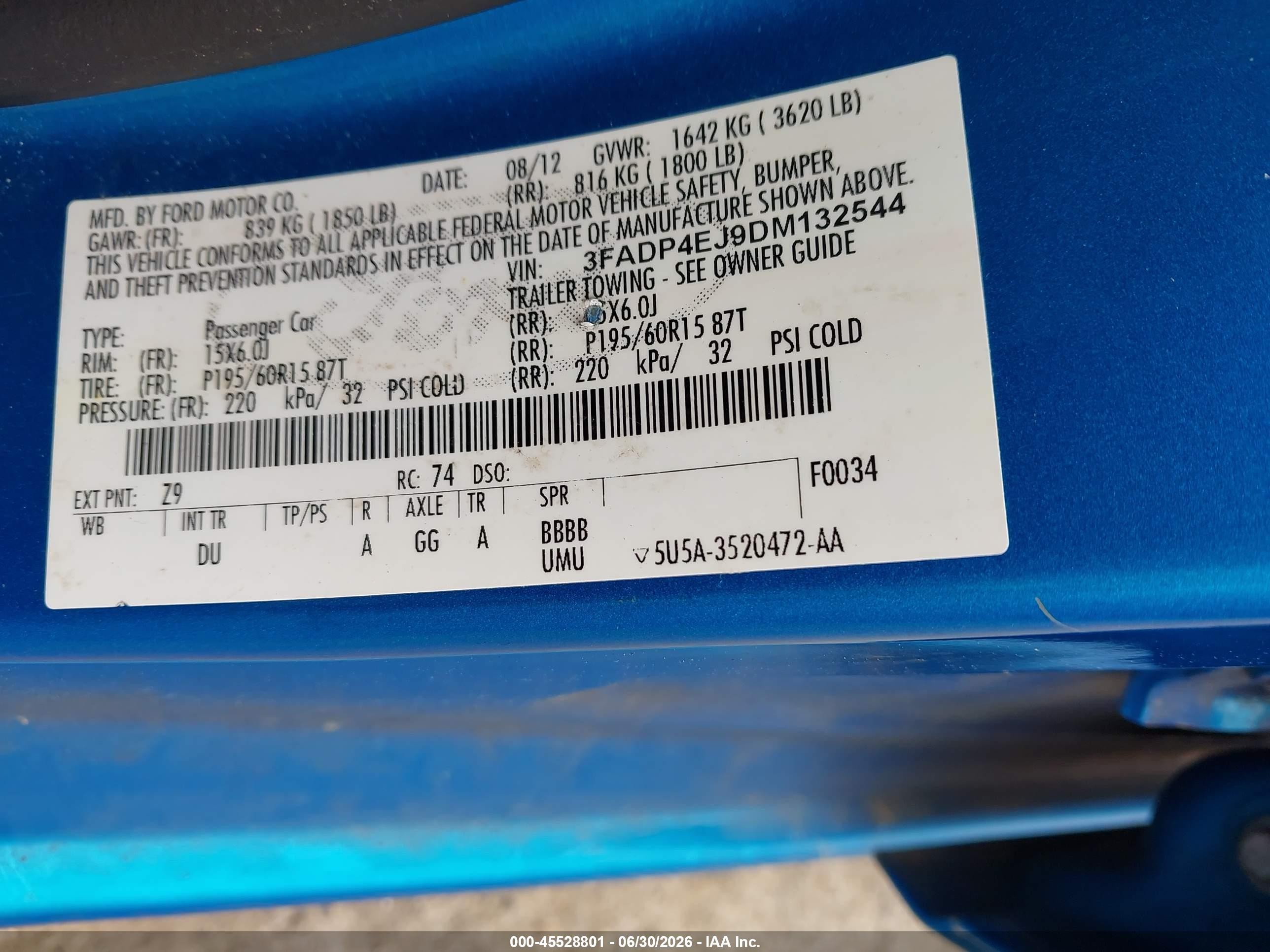 2013 Ford Fiesta Se Blue vin: 3FADP4EJ9DM132544