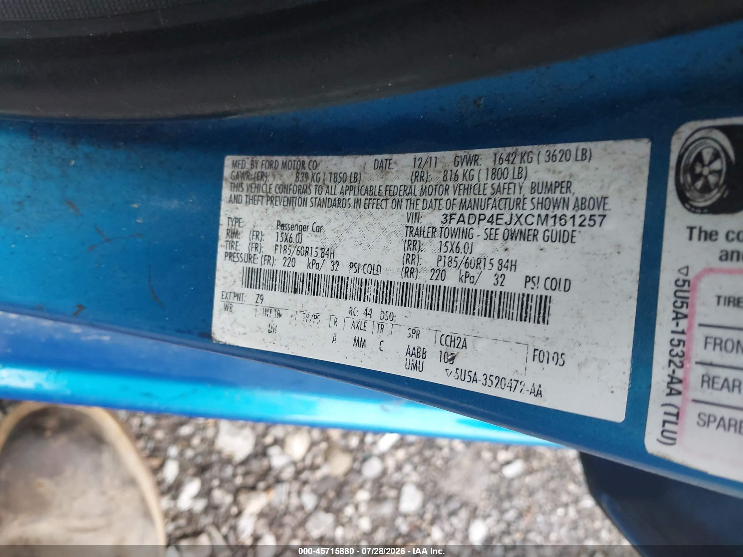 2012 Ford Fiesta Se Blue vin: 3FADP4EJXCM161257