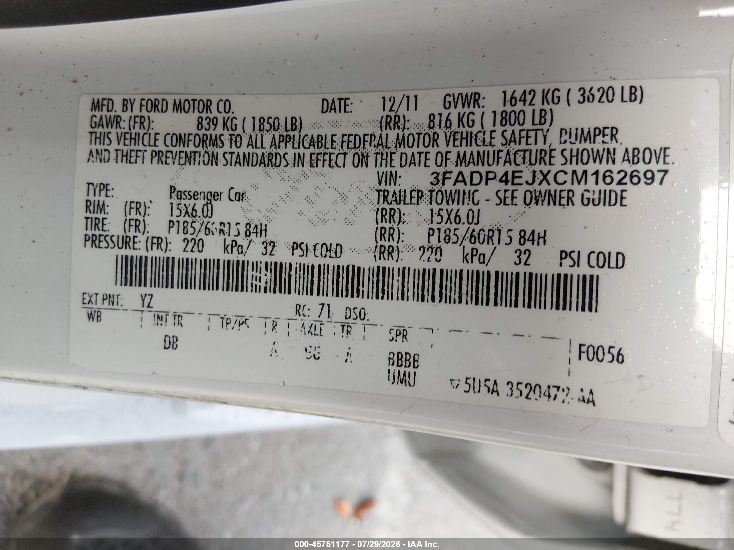2012 Ford Fiesta Se White vin: 3FADP4EJXCM162697