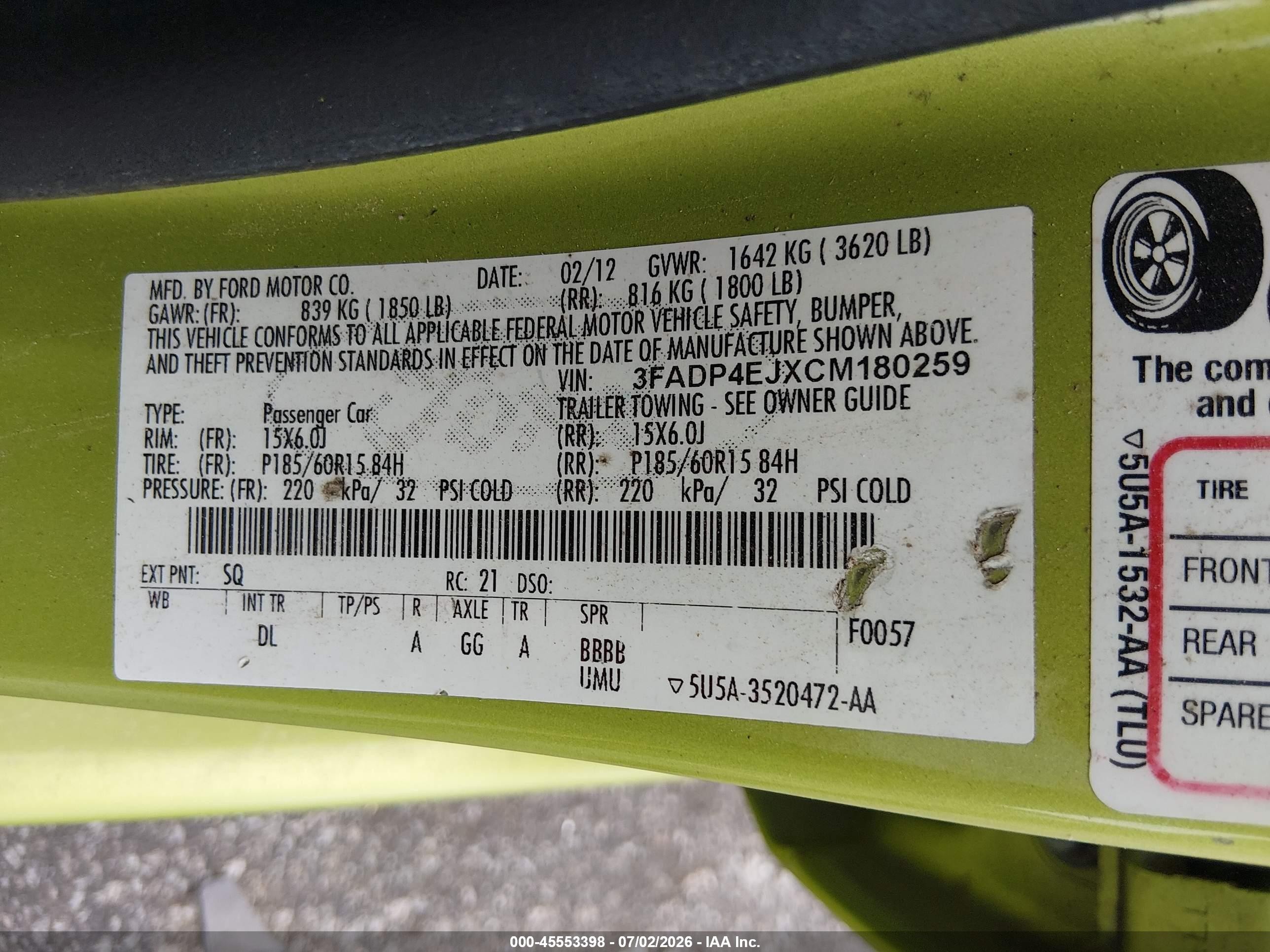 2012 Ford Fiesta Se Green vin: 3FADP4EJXCM180259