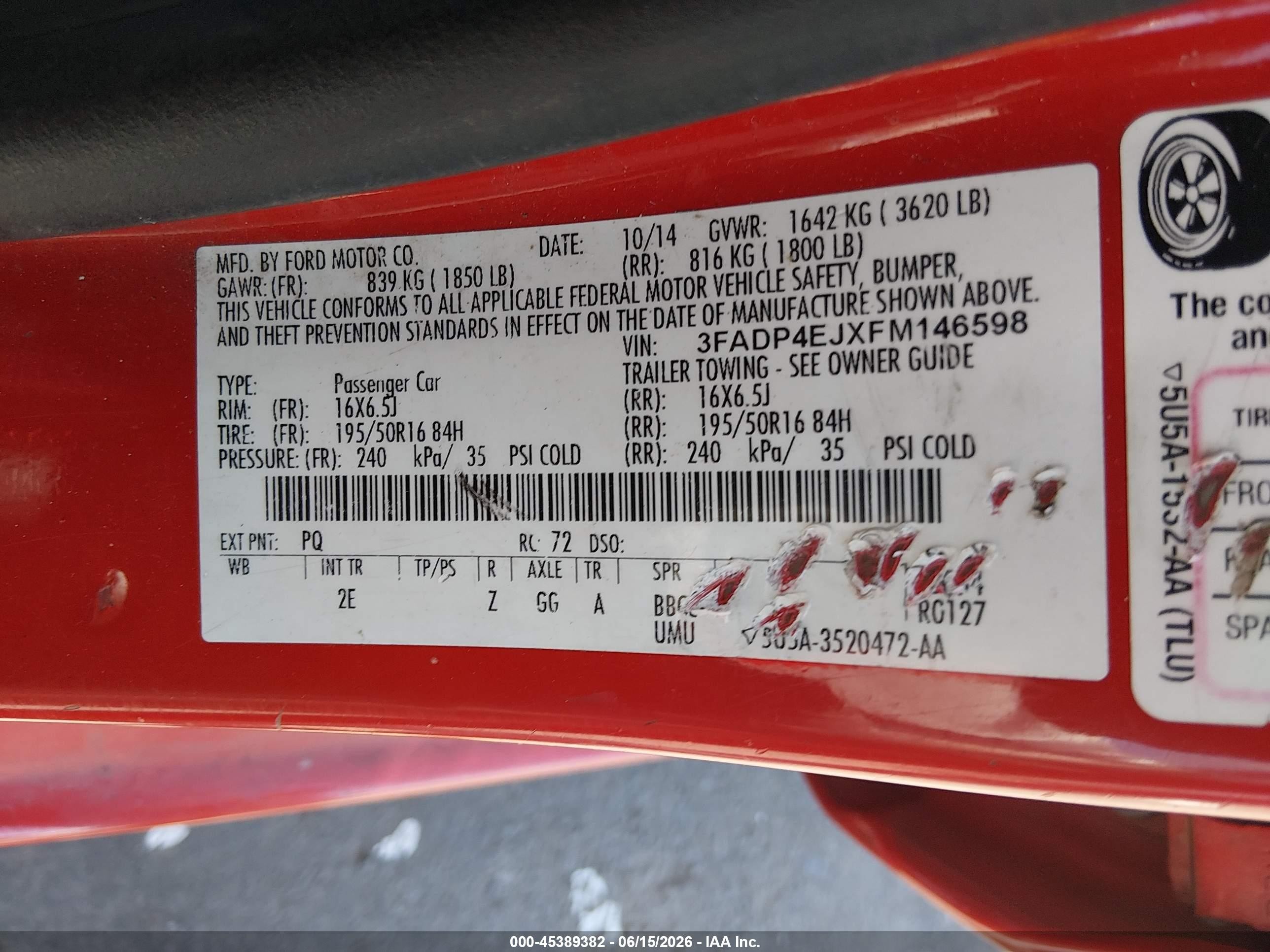 2015 Ford Fiesta Se Red vin: 3FADP4EJXFM146598