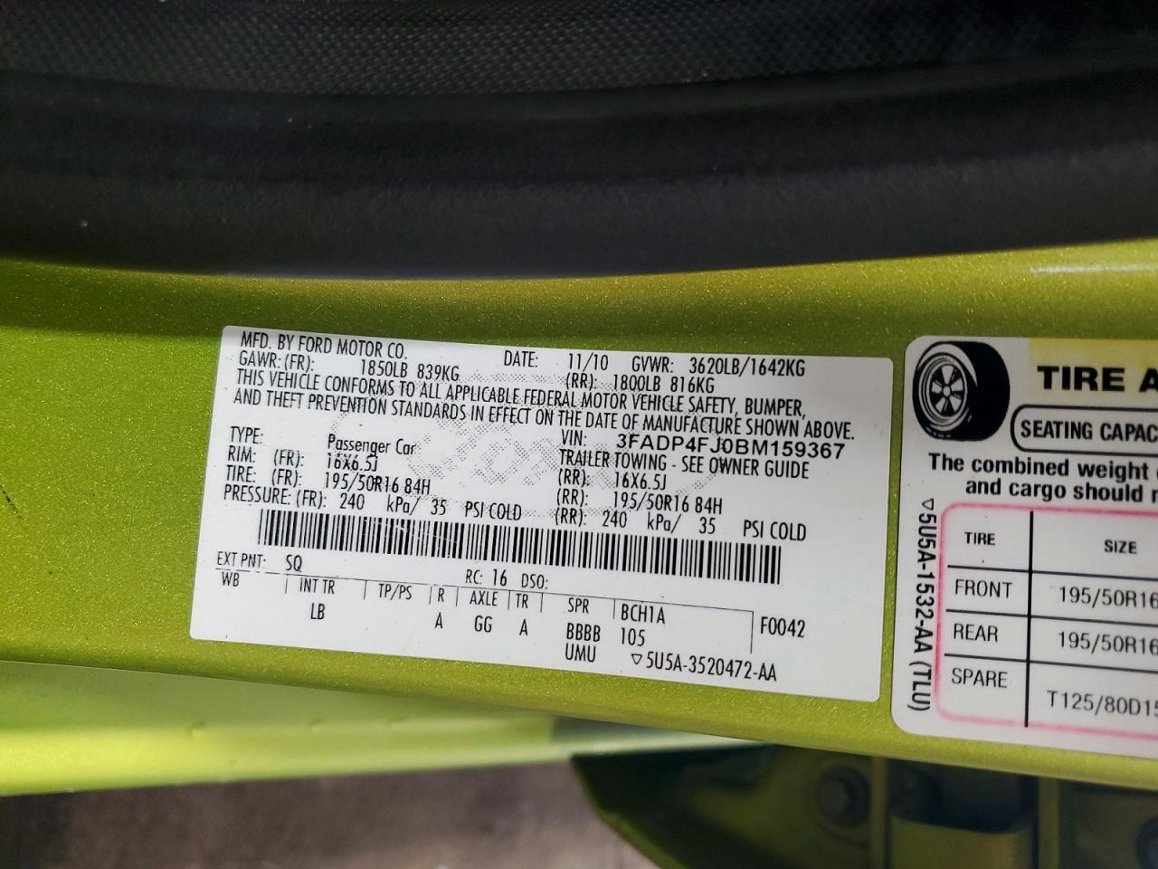 2011 Ford Fiesta Ses Green vin: 3FADP4FJ0BM159367