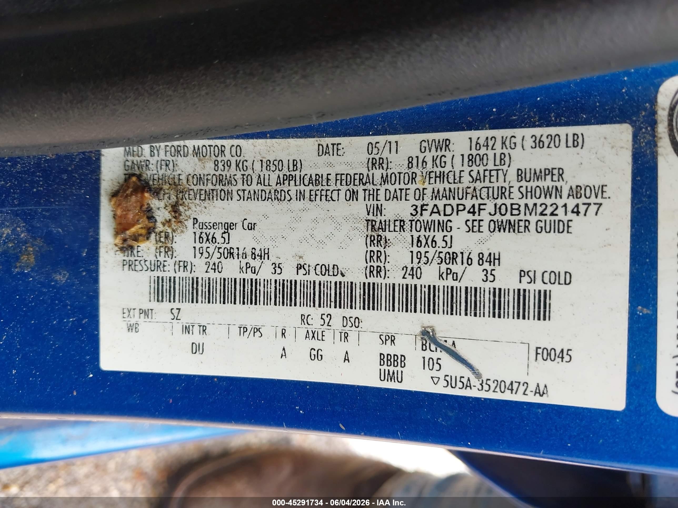 2011 Ford Fiesta Ses Blue vin: 3FADP4FJ0BM221477