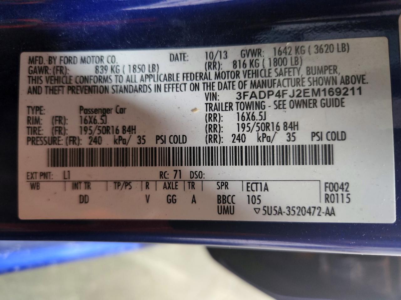 2014 Ford Fiesta Titanium Blue vin: 3FADP4FJ2EM169211
