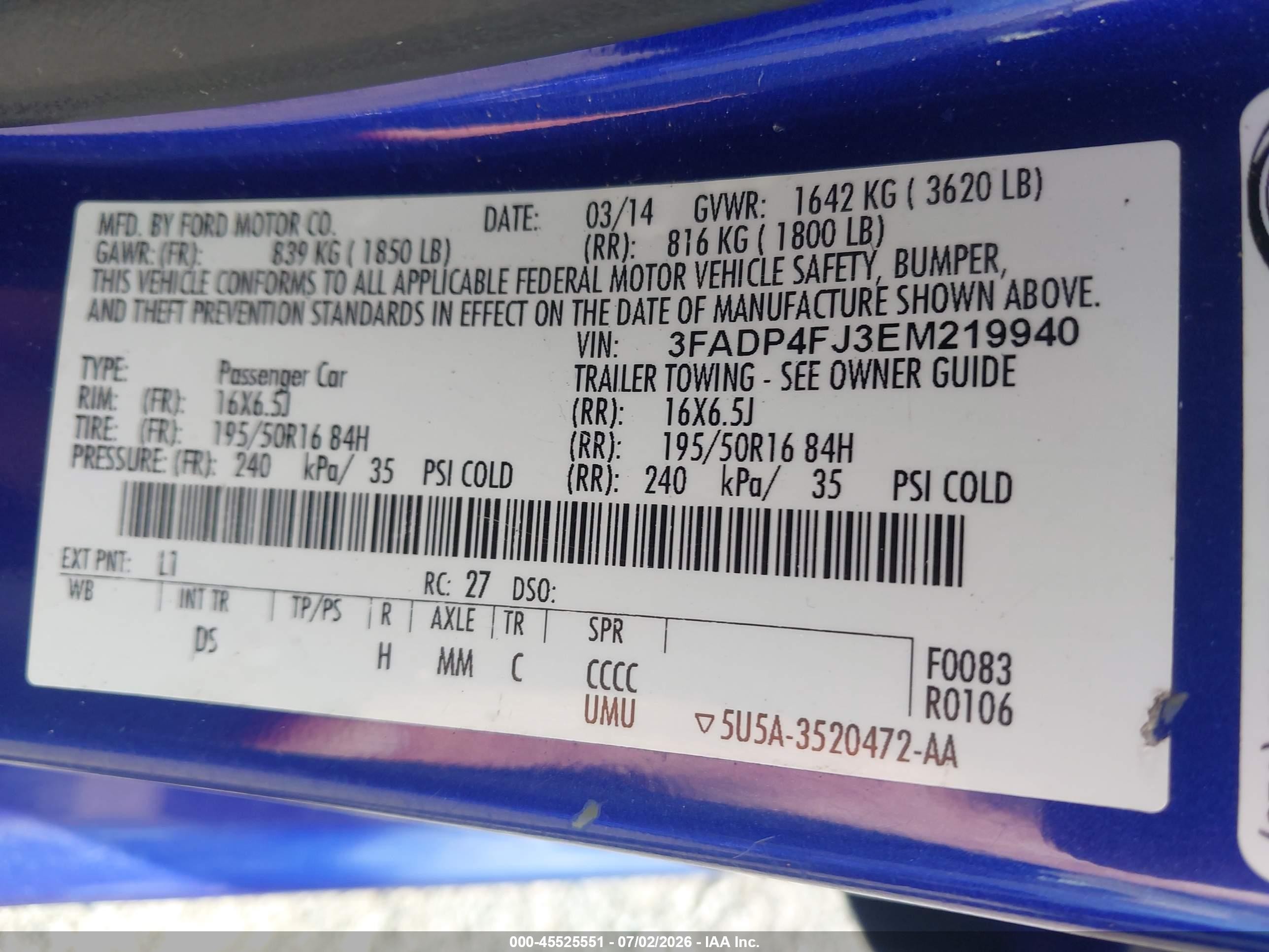 2014 Ford Fiesta Titanium Blue vin: 3FADP4FJ3EM219940