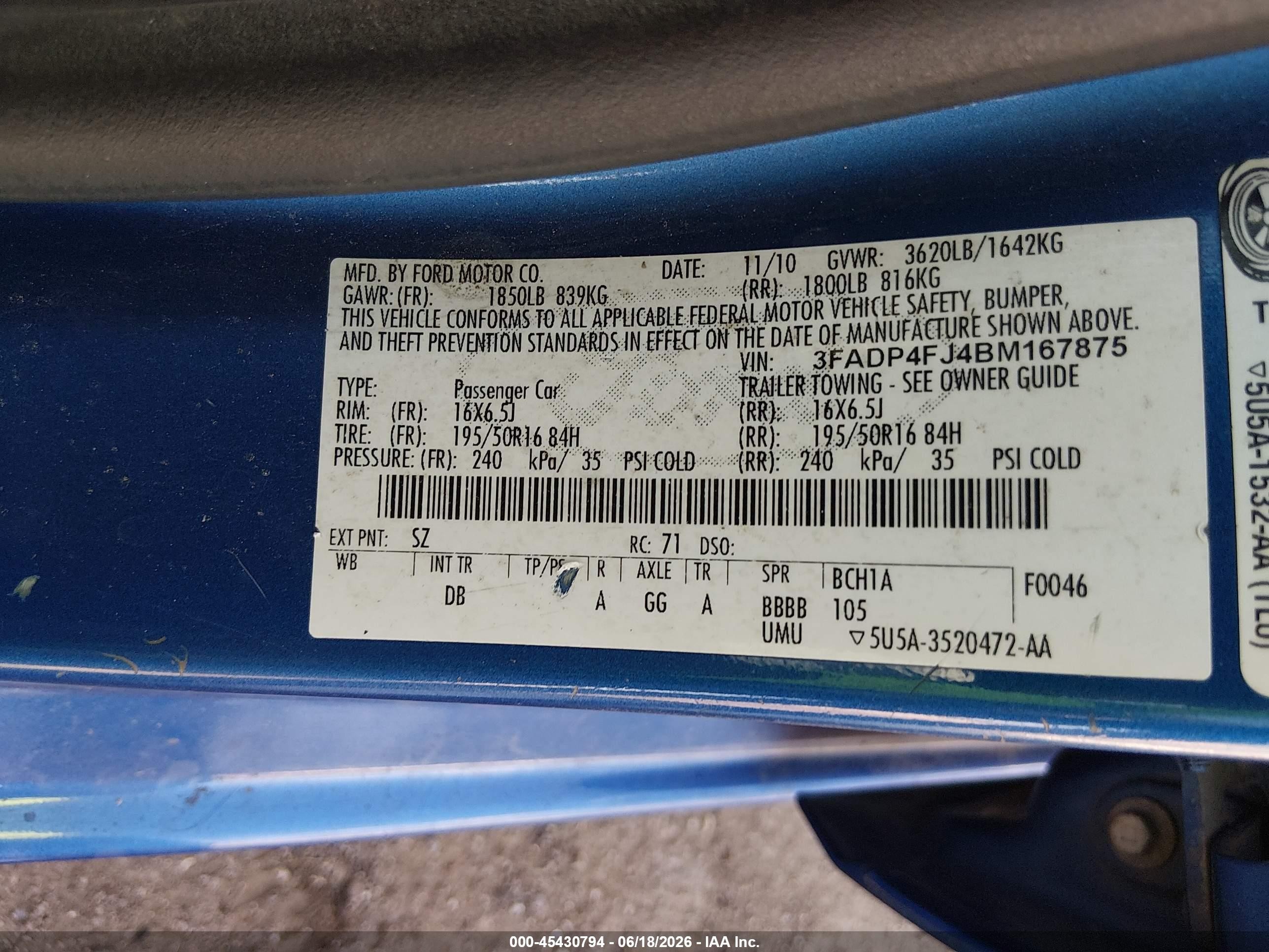 2011 Ford Fiesta Ses Blue vin: 3FADP4FJ4BM167875