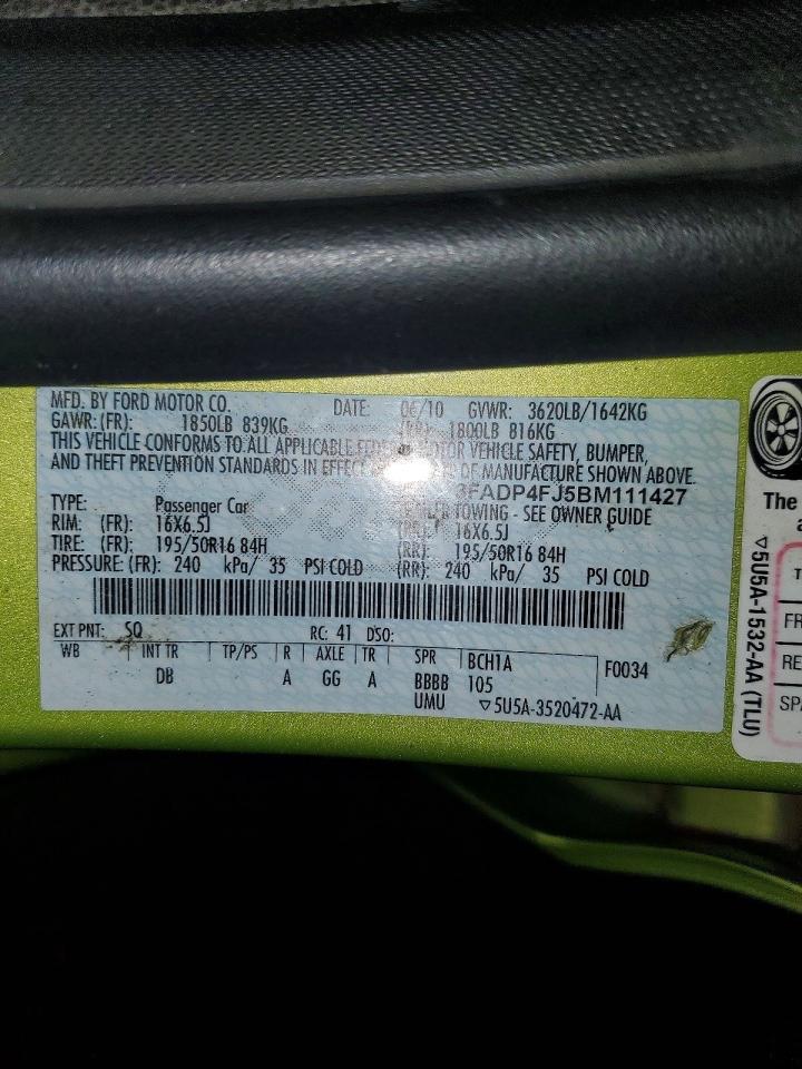2011 Ford Fiesta Ses Green vin: 3FADP4FJ5BM111427