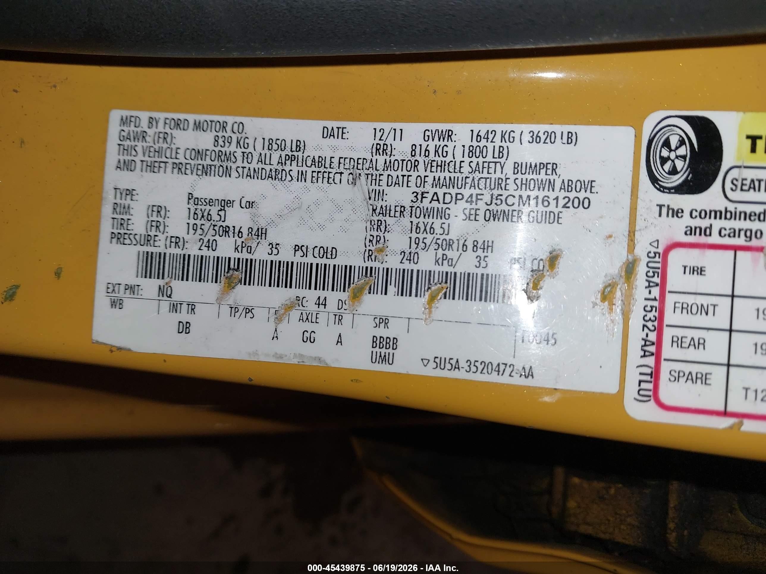 2012 Ford Fiesta Ses Yellow vin: 3FADP4FJ5CM161200