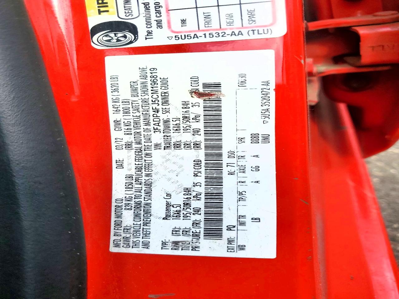 2012 Ford Fiesta Ses Red vin: 3FADP4FJ5CM196819