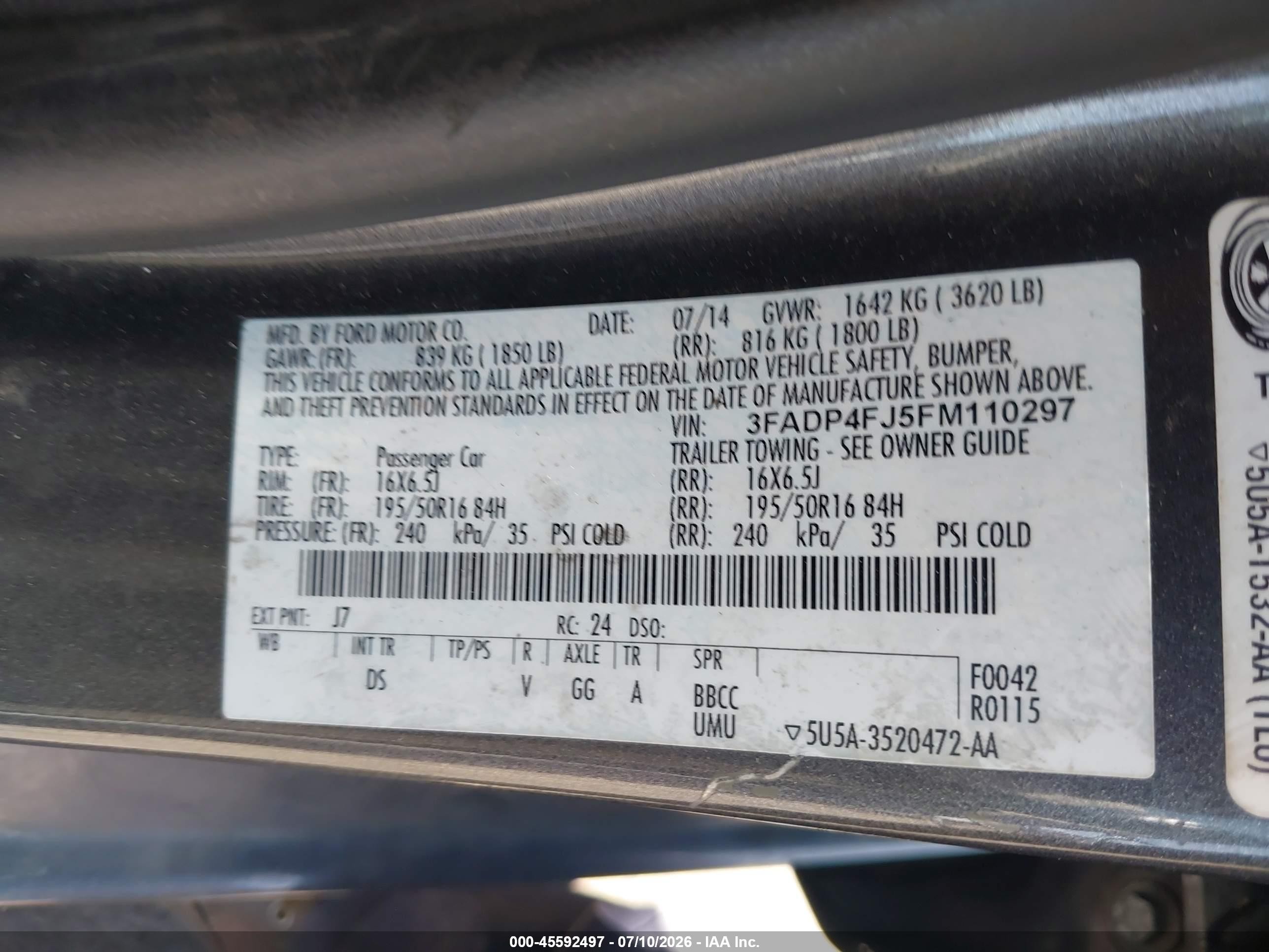 2015 Ford Fiesta Titanium Серый vin: 3FADP4FJ5FM110297