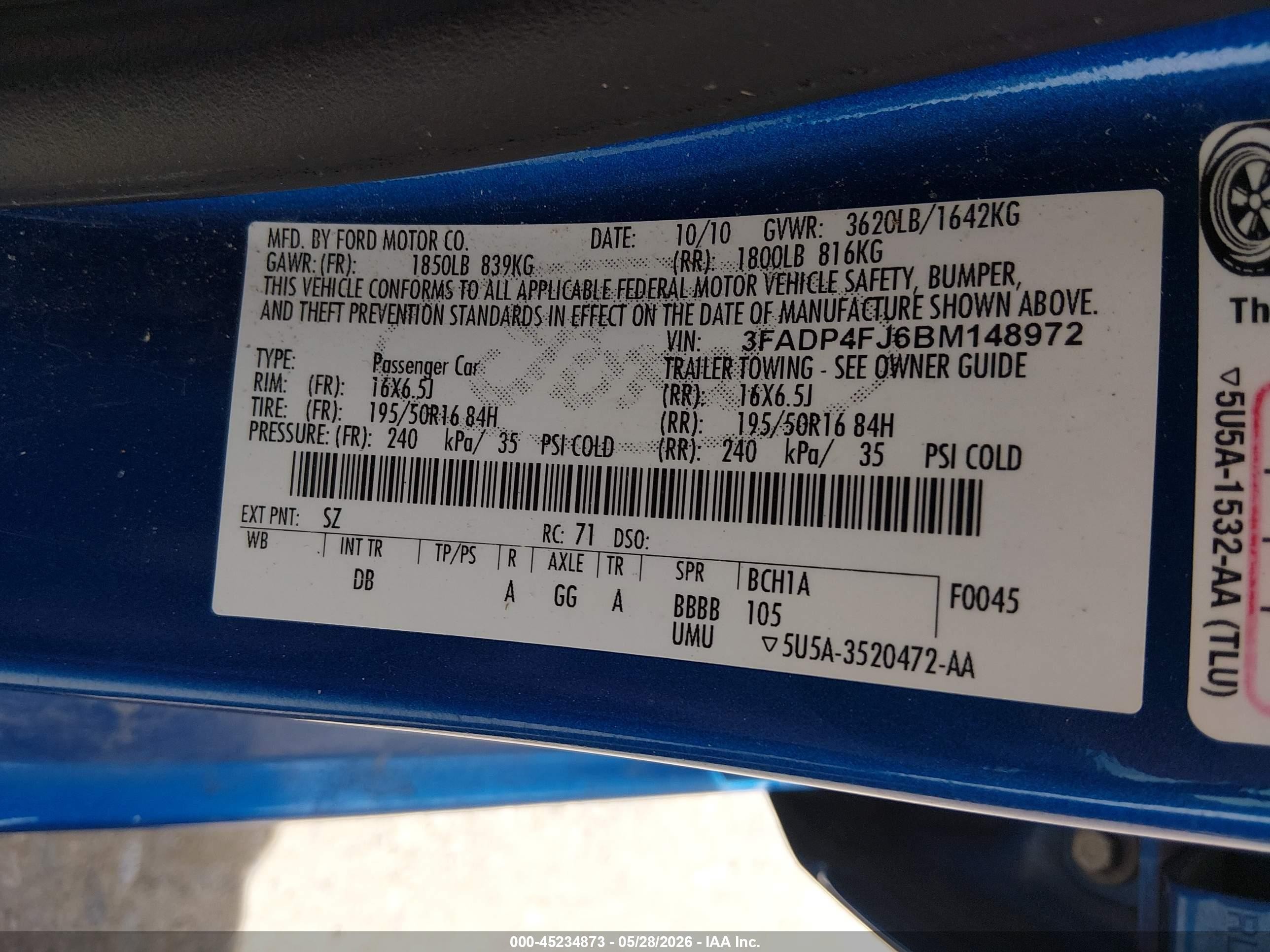 2011 Ford Fiesta Ses Blue vin: 3FADP4FJ6BM148972