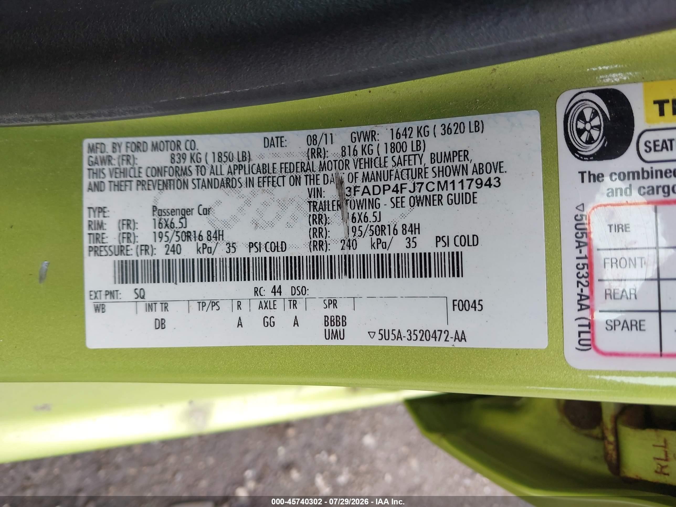 2012 Ford Fiesta Ses Green vin: 3FADP4FJ7CM117943
