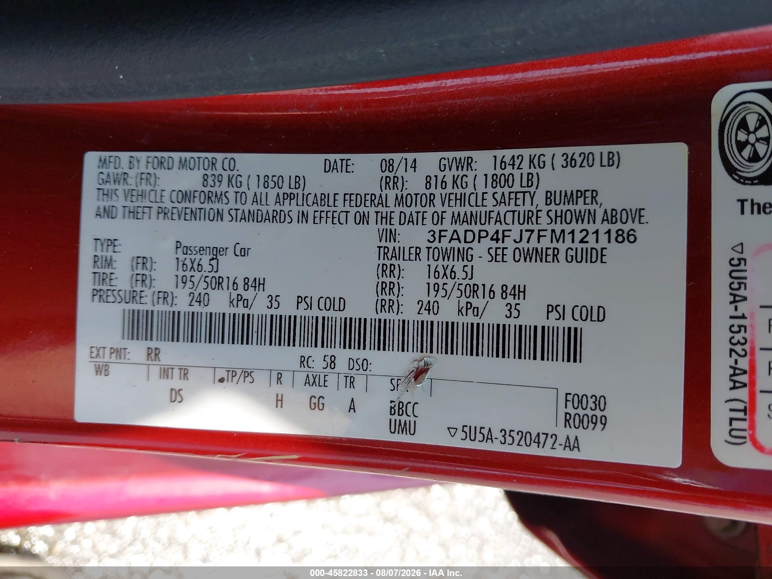2015 Ford Fiesta Titanium Red vin: 3FADP4FJ7FM121186