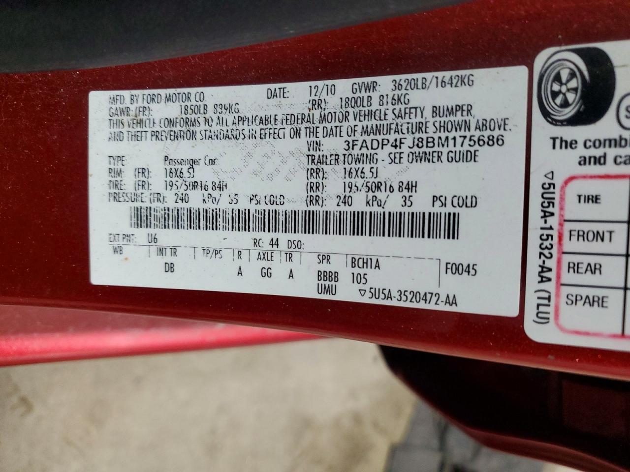 2011 Ford Fiesta Ses Red vin: 3FADP4FJ8BM175686
