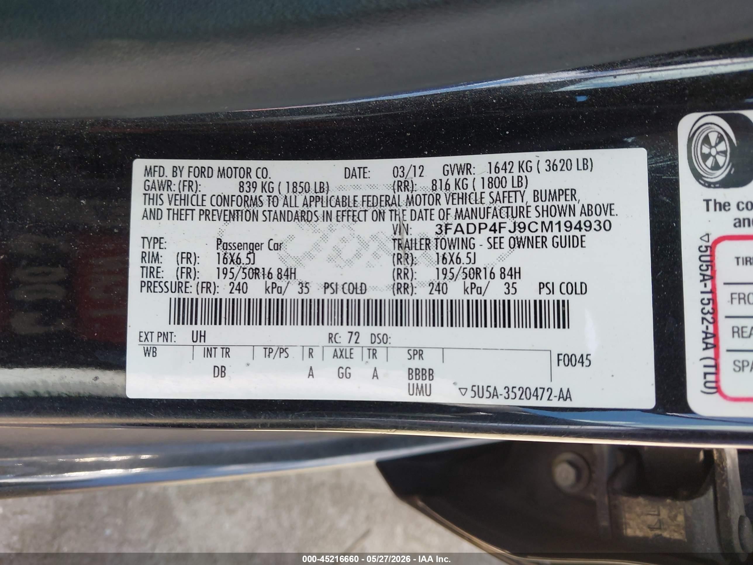 2012 Ford Fiesta Ses Black vin: 3FADP4FJ9CM194930