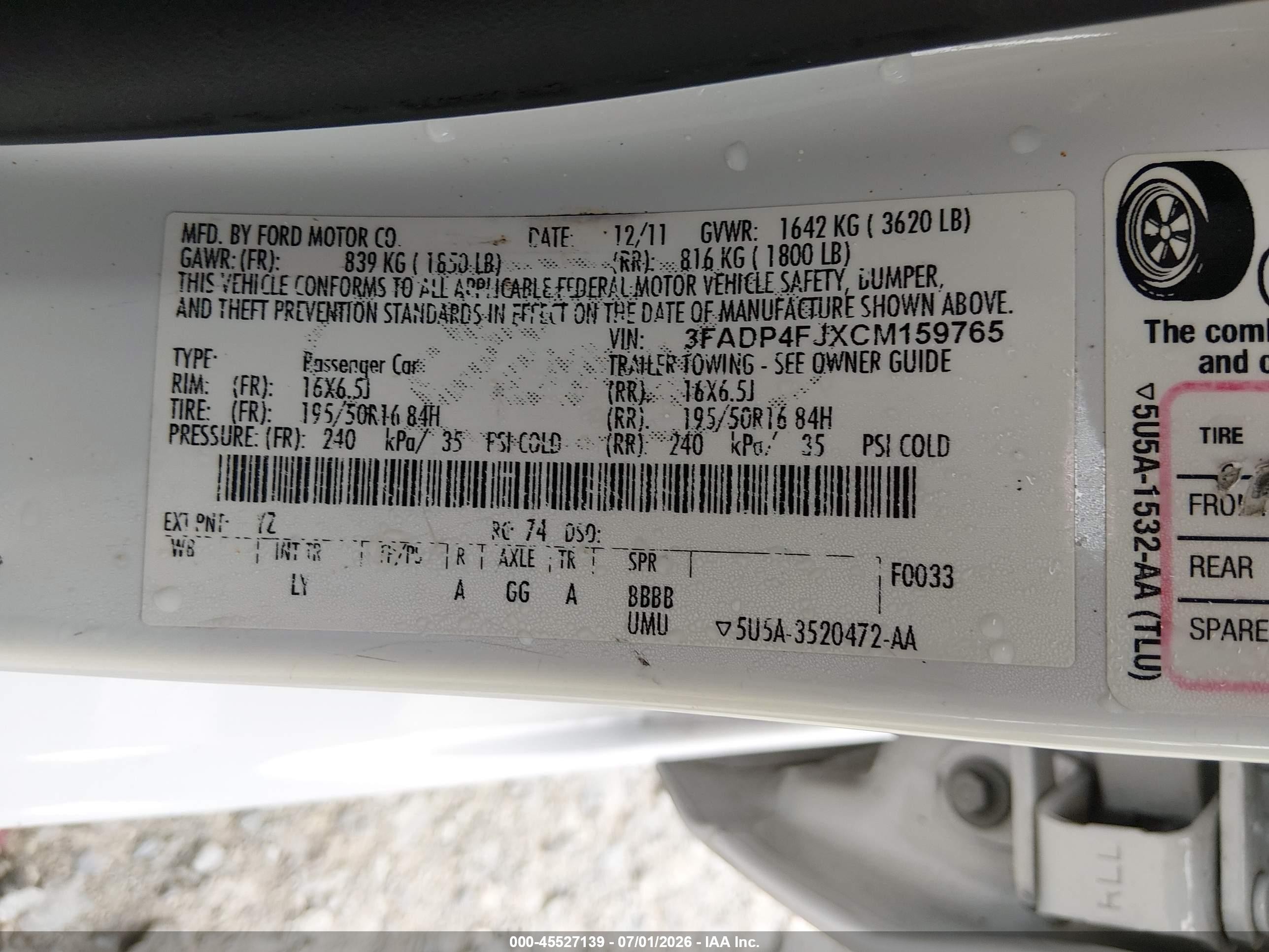 2012 Ford Fiesta Ses White vin: 3FADP4FJXCM159765