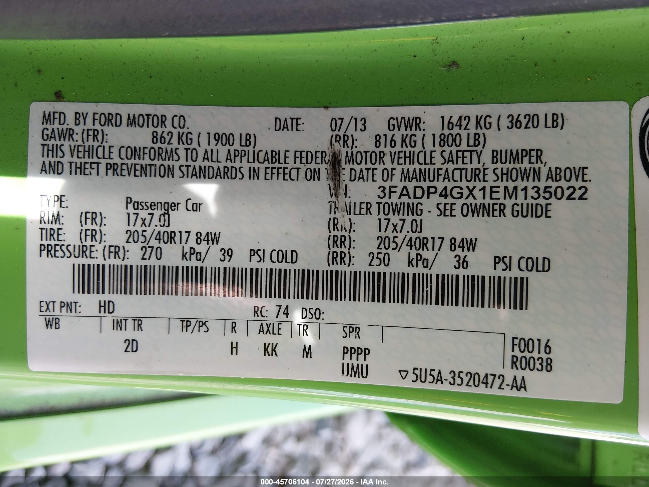 2014 Ford Fiesta St Green vin: 3FADP4GX1EM135022