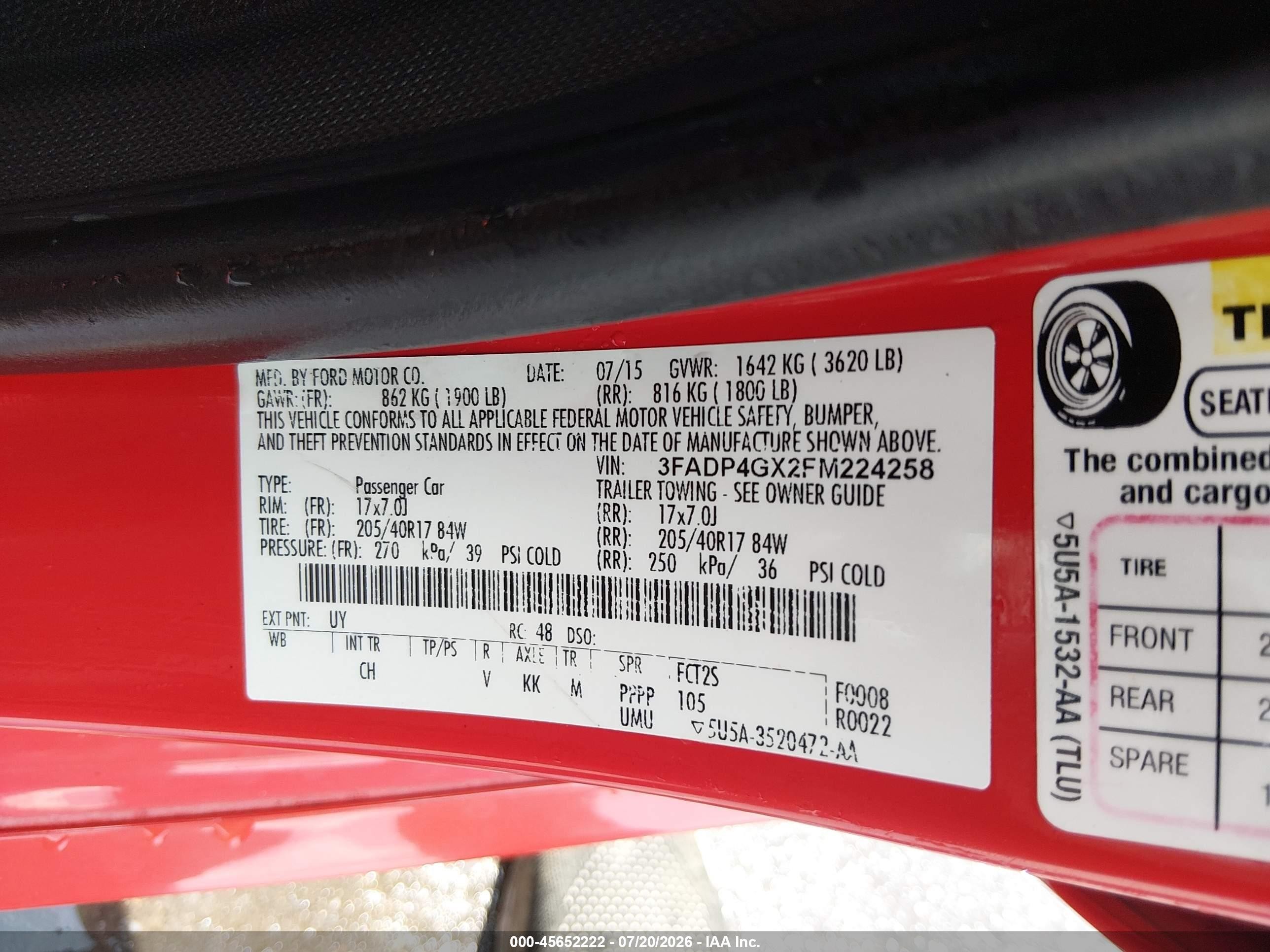 2015 Ford Fiesta St Orange vin: 3FADP4GX2FM224258