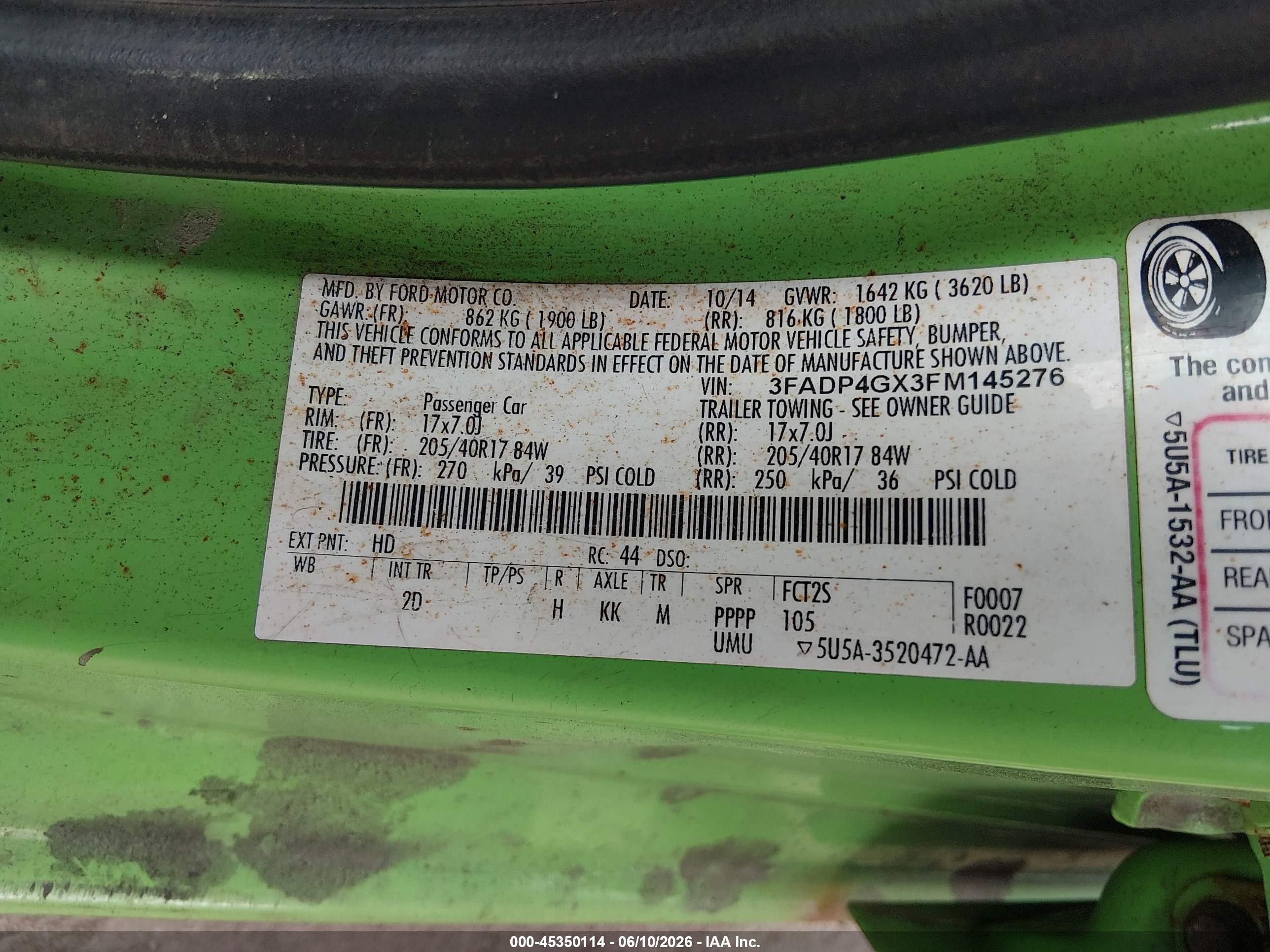 2015 Ford Fiesta St Green vin: 3FADP4GX3FM145276
