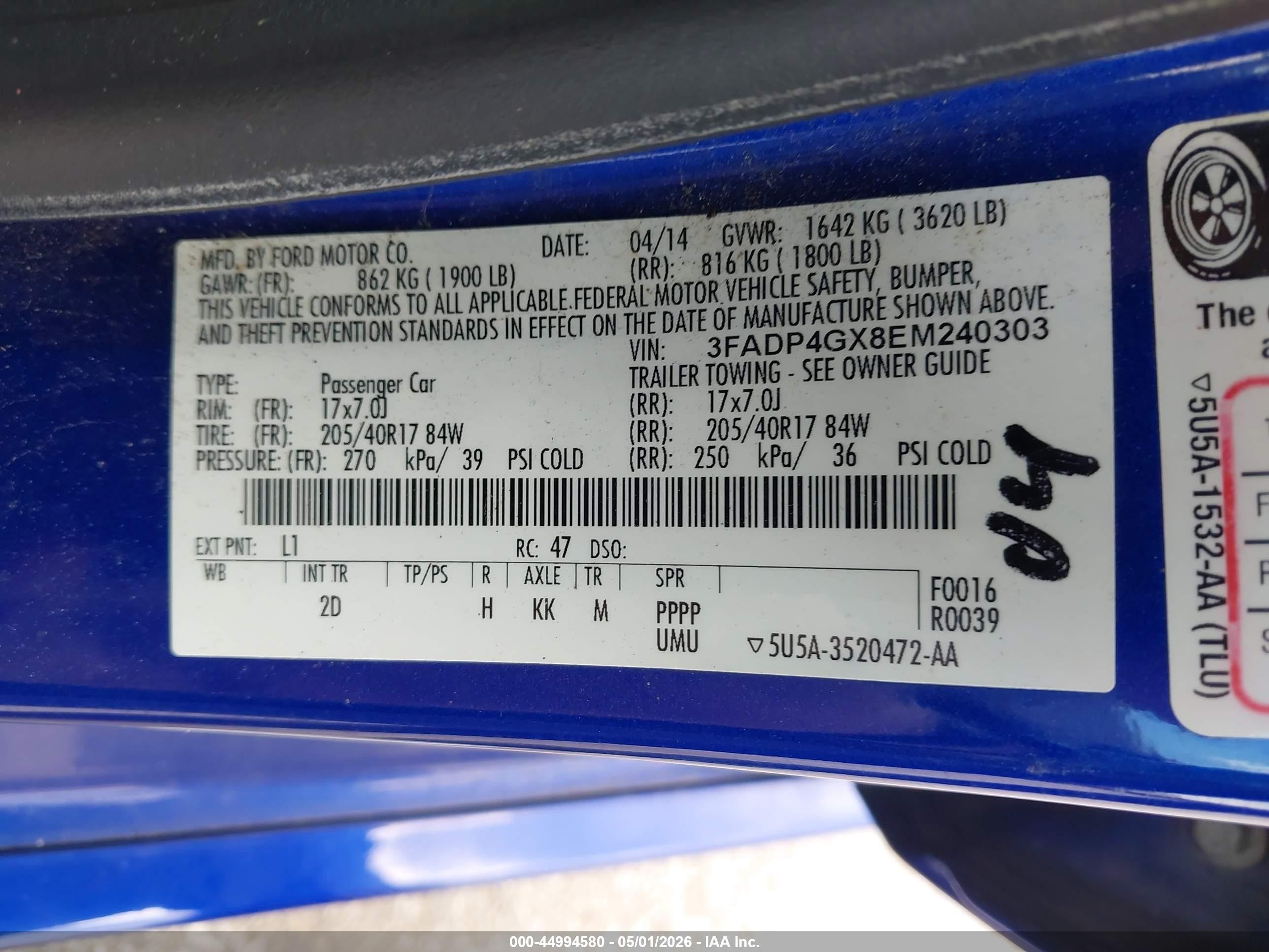 2014 Ford Fiesta St Blue vin: 3FADP4GX8EM240303