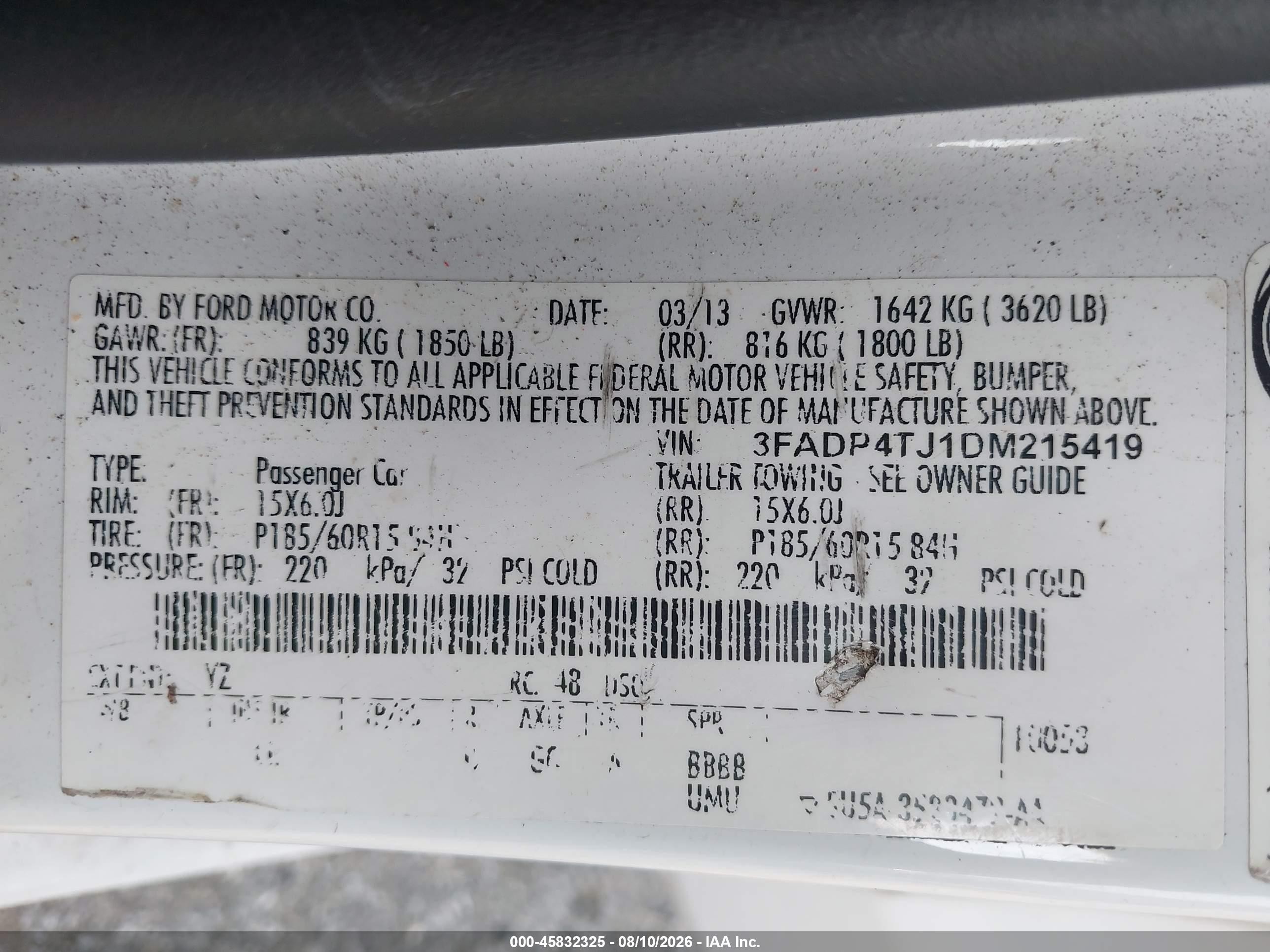 2013 Ford Fiesta S White vin: 3FADP4TJ1DM215419