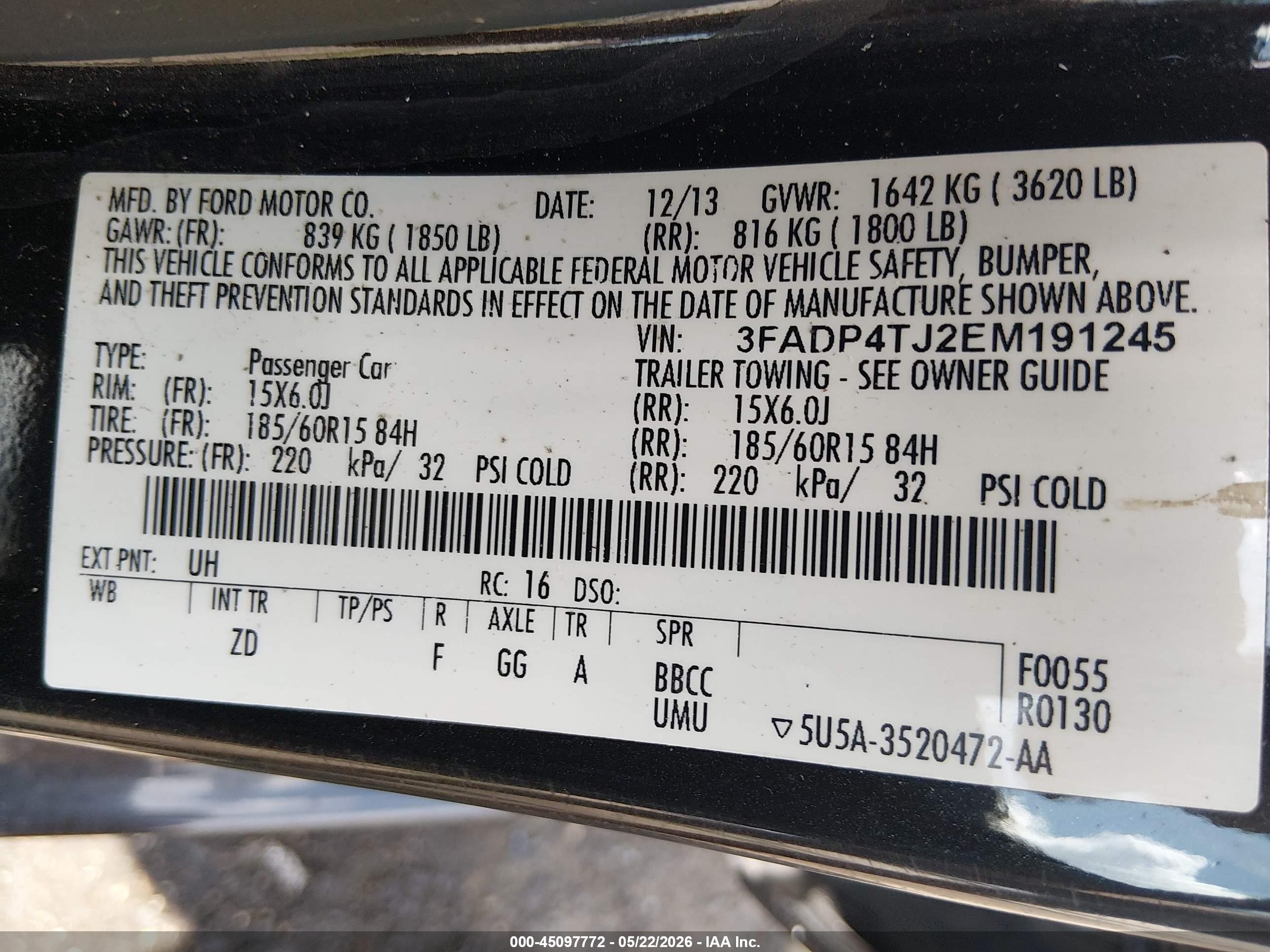 2014 Ford Fiesta S Black vin: 3FADP4TJ2EM191245