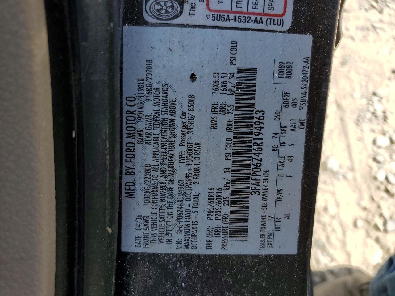 2006 Ford Fusion S Black vin: 3FAFP06Z46R194963