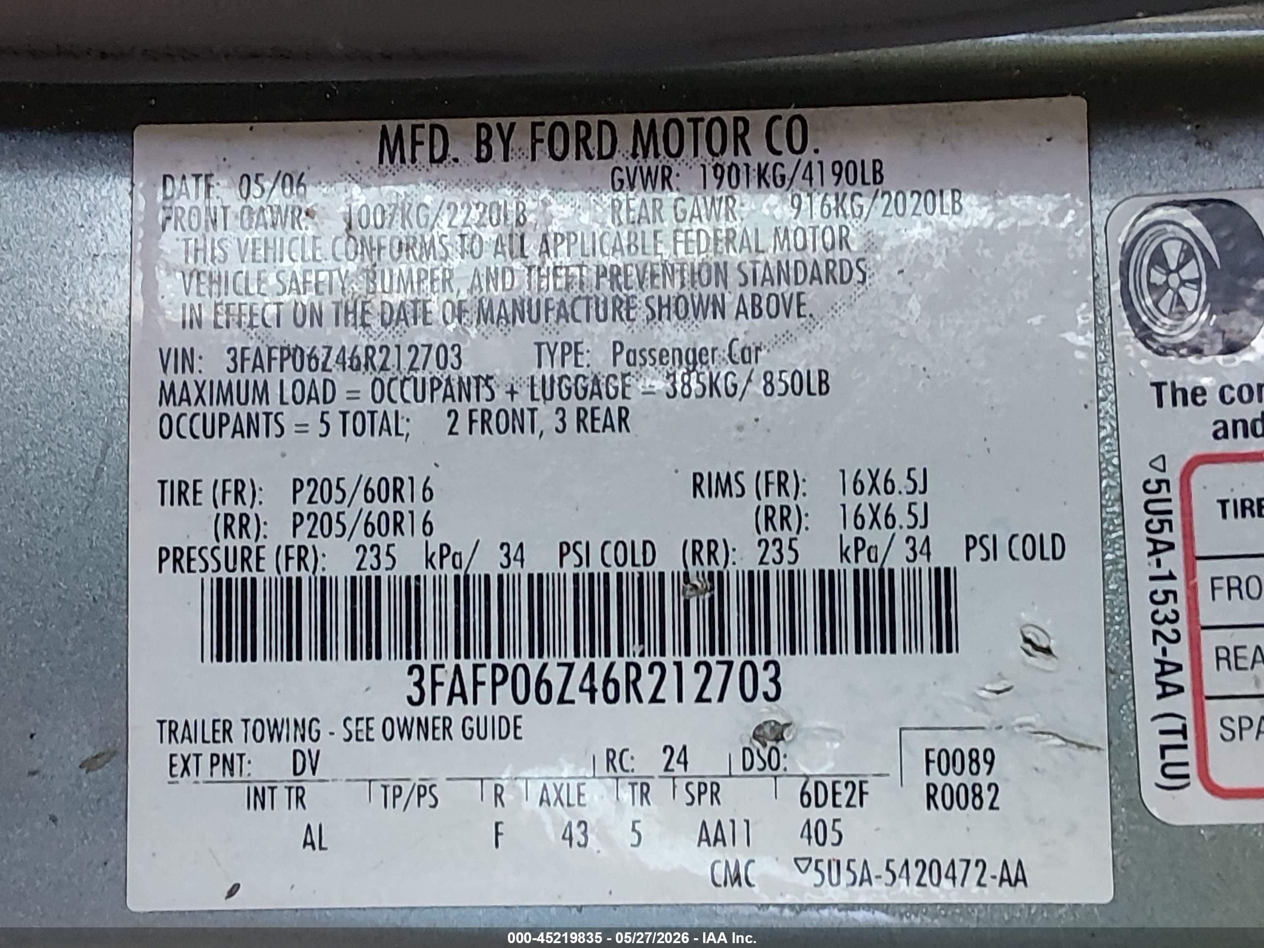 2006 Ford Fusion S Teal vin: 3FAFP06Z46R212703