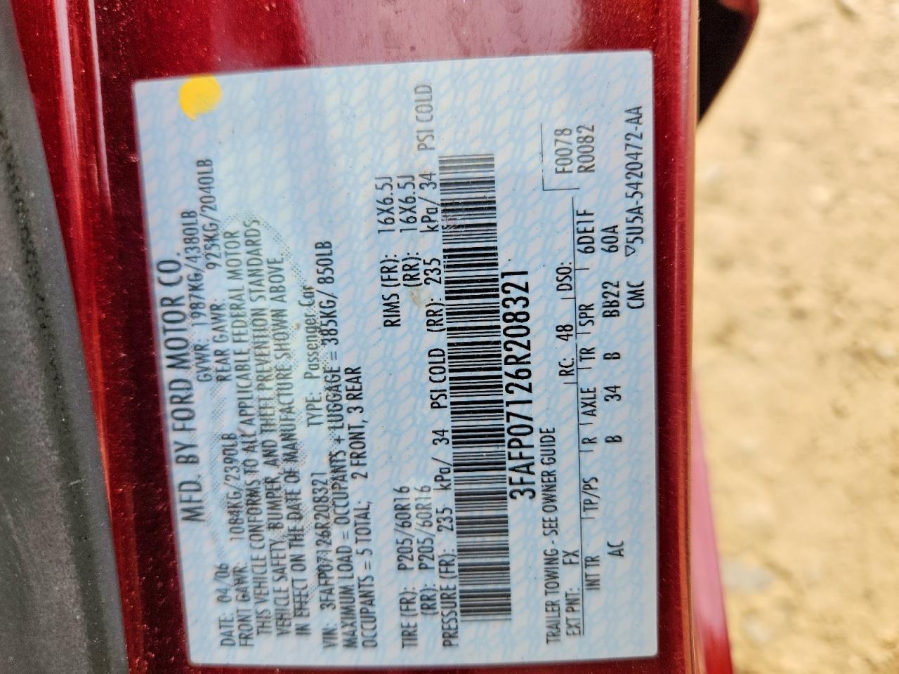 2006 Ford Fusion Se Maroon vin: 3FAFP07126R208321