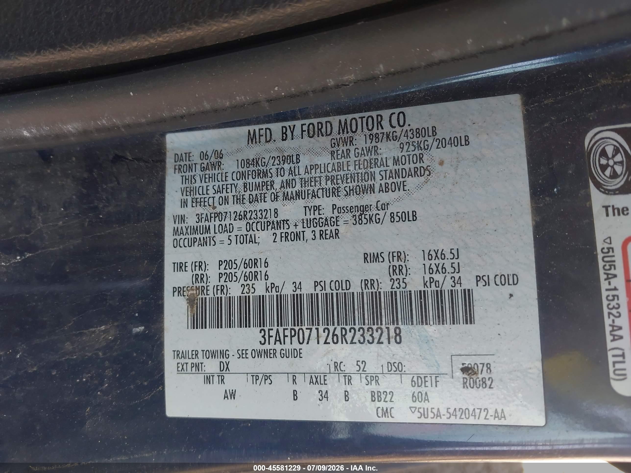 2006 Ford Fusion Se Blue vin: 3FAFP07126R233218