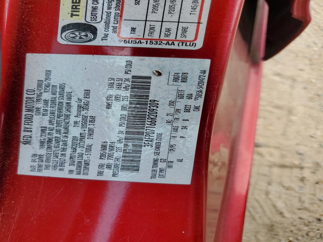 2006 Ford Fusion Se Red vin: 3FAFP07166R209309
