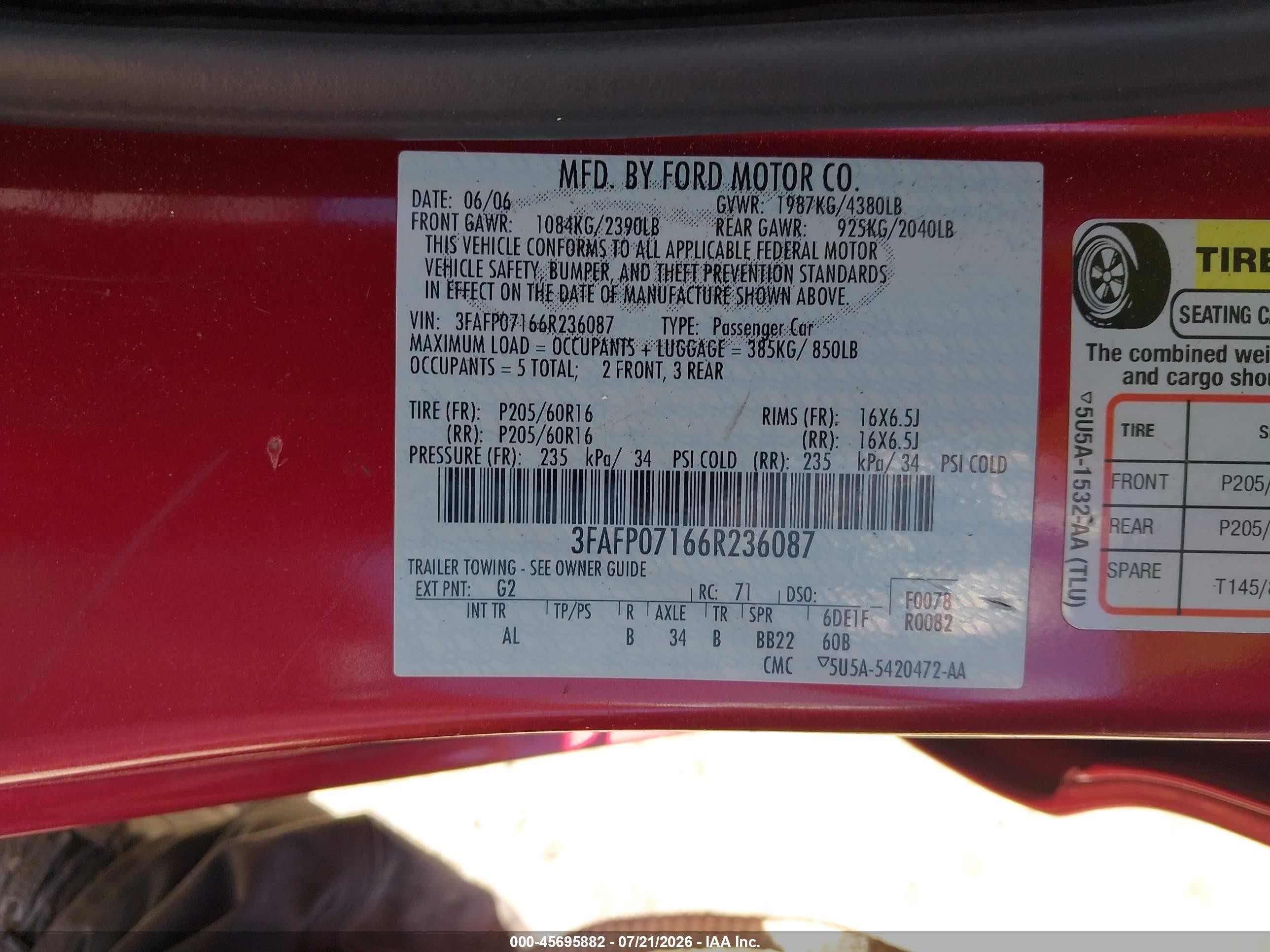 2006 Ford Fusion Se Red vin: 3FAFP07166R236087