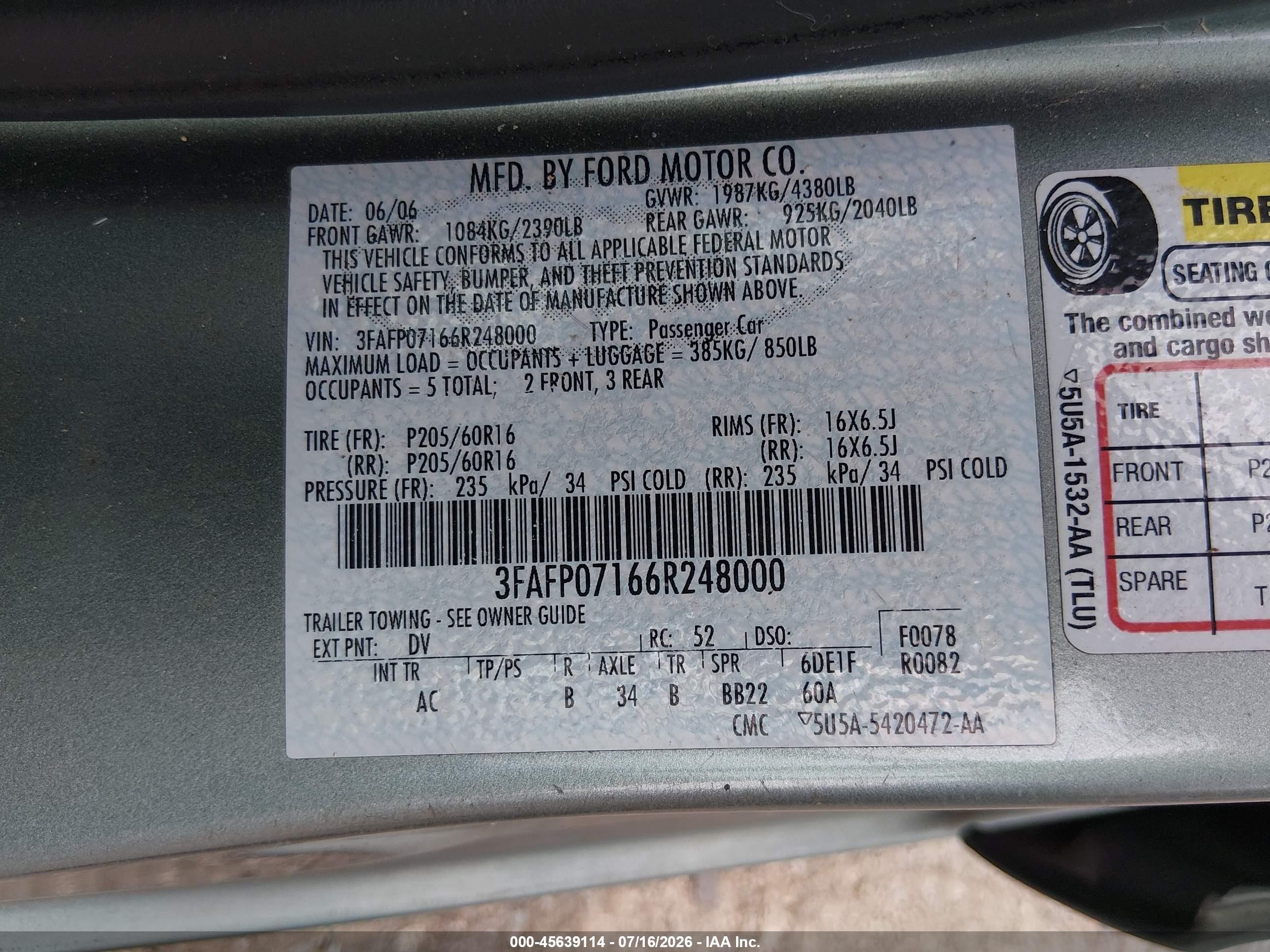 2006 Ford Fusion Se Green vin: 3FAFP07166R248000