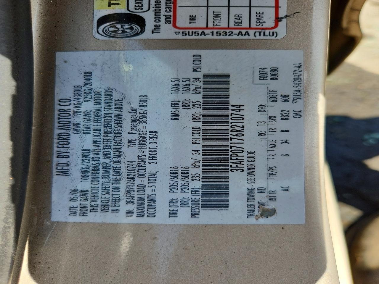 2006 Ford Fusion Se Tan vin: 3FAFP07176R210744