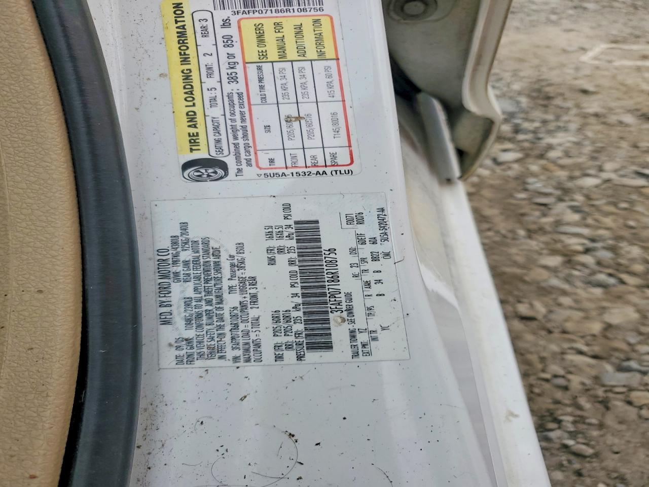 2006 Ford Fusion Se White vin: 3FAFP07186R108756