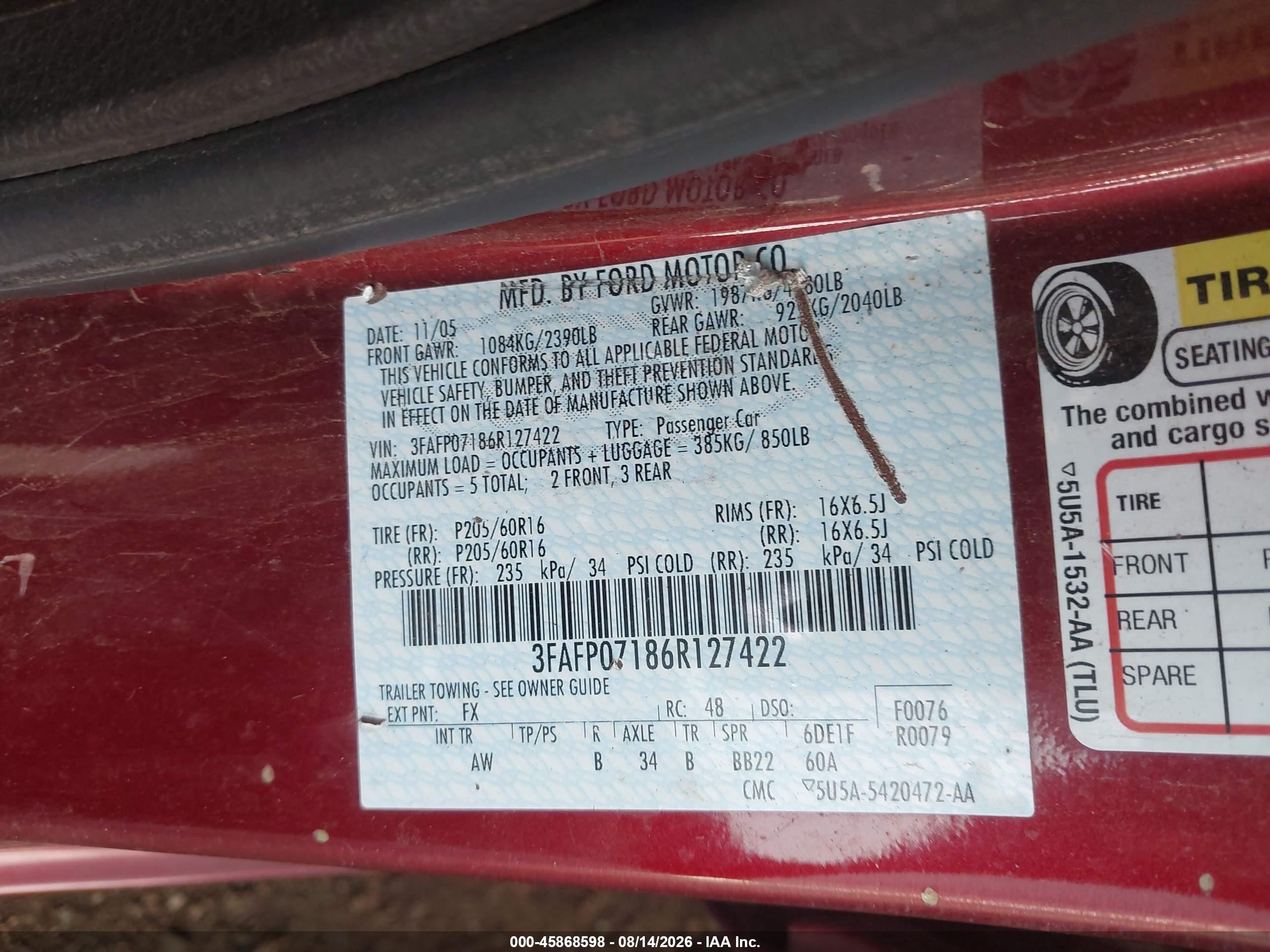 2006 Ford Fusion Se Burgundy vin: 3FAFP07186R127422