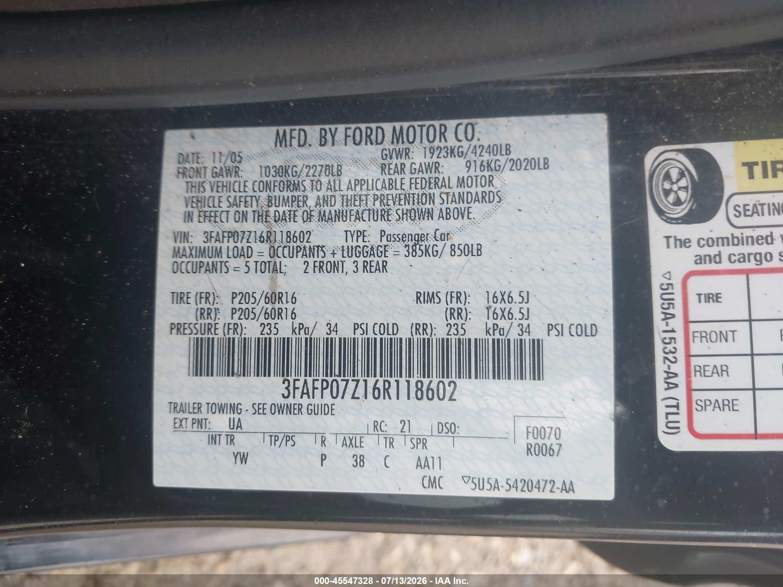 2006 Ford Fusion Se Black vin: 3FAFP07Z16R118602