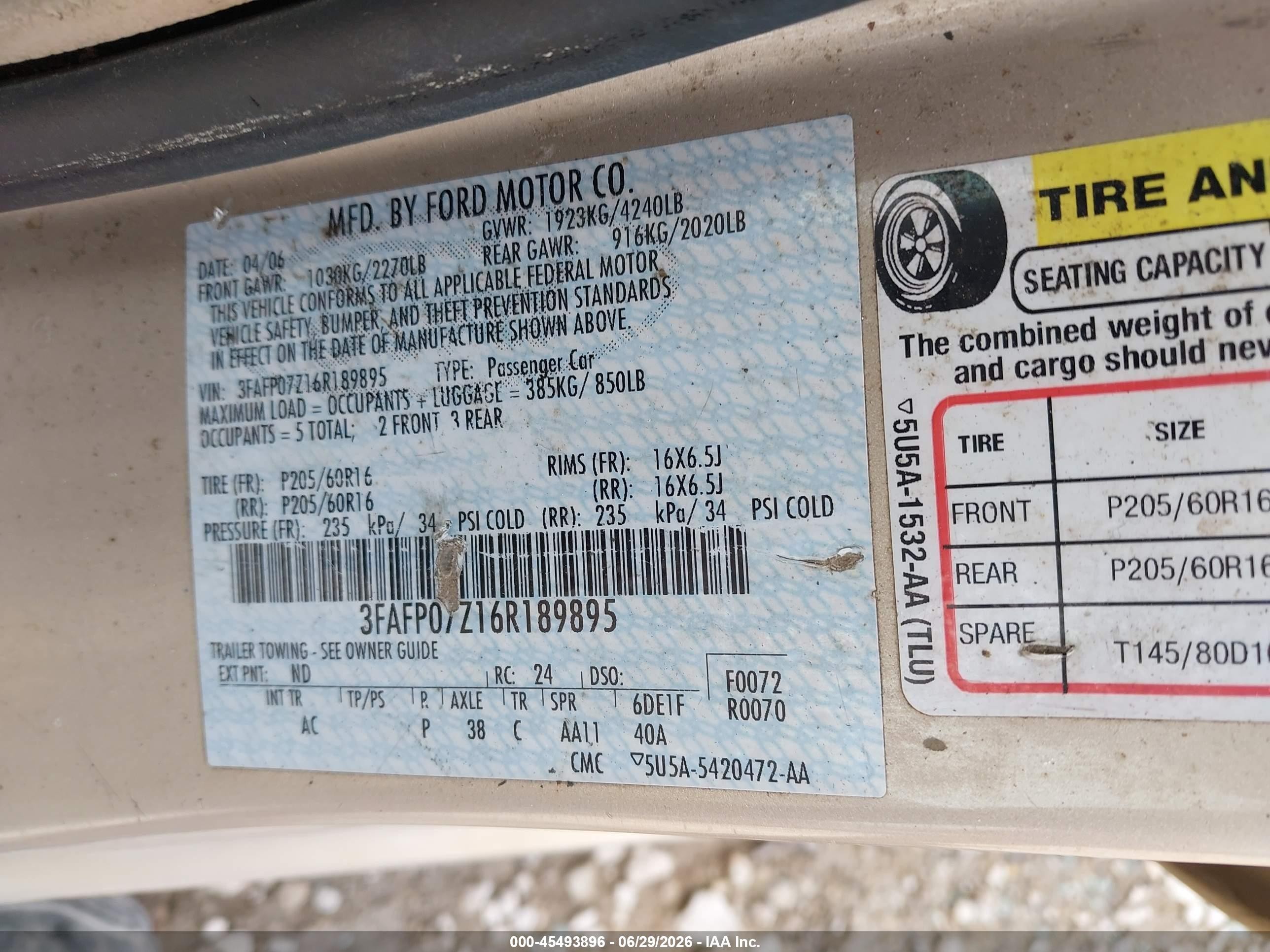 2006 Ford Fusion Se Gold vin: 3FAFP07Z16R189895